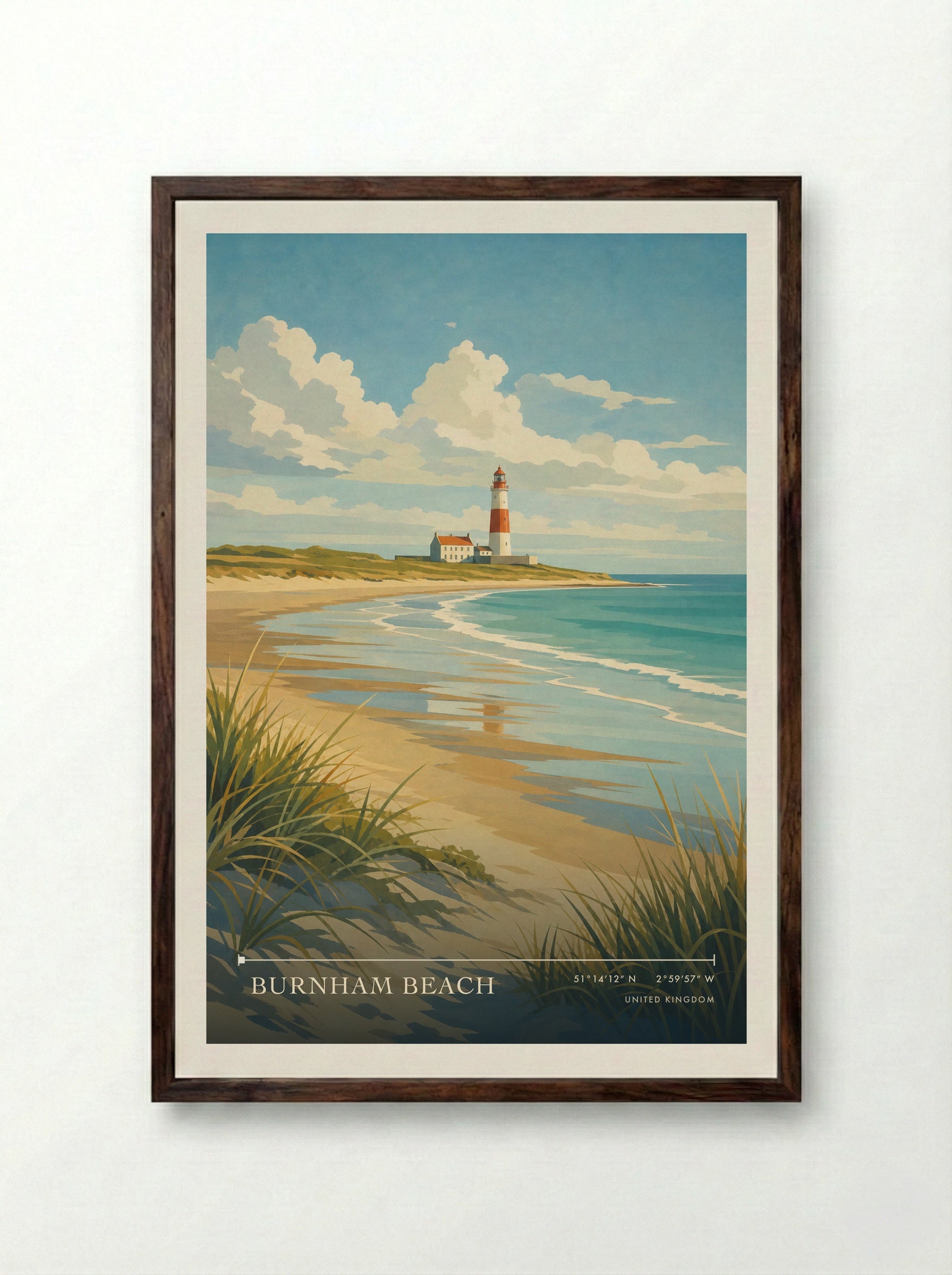 Burnham Beach United Kingdom Travel Poster - Framed Print Dark Wood