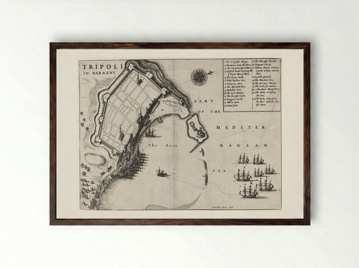 Burning of the Port of Tripoli - Wenceslaus Hollar - Framed Print Dark Wood