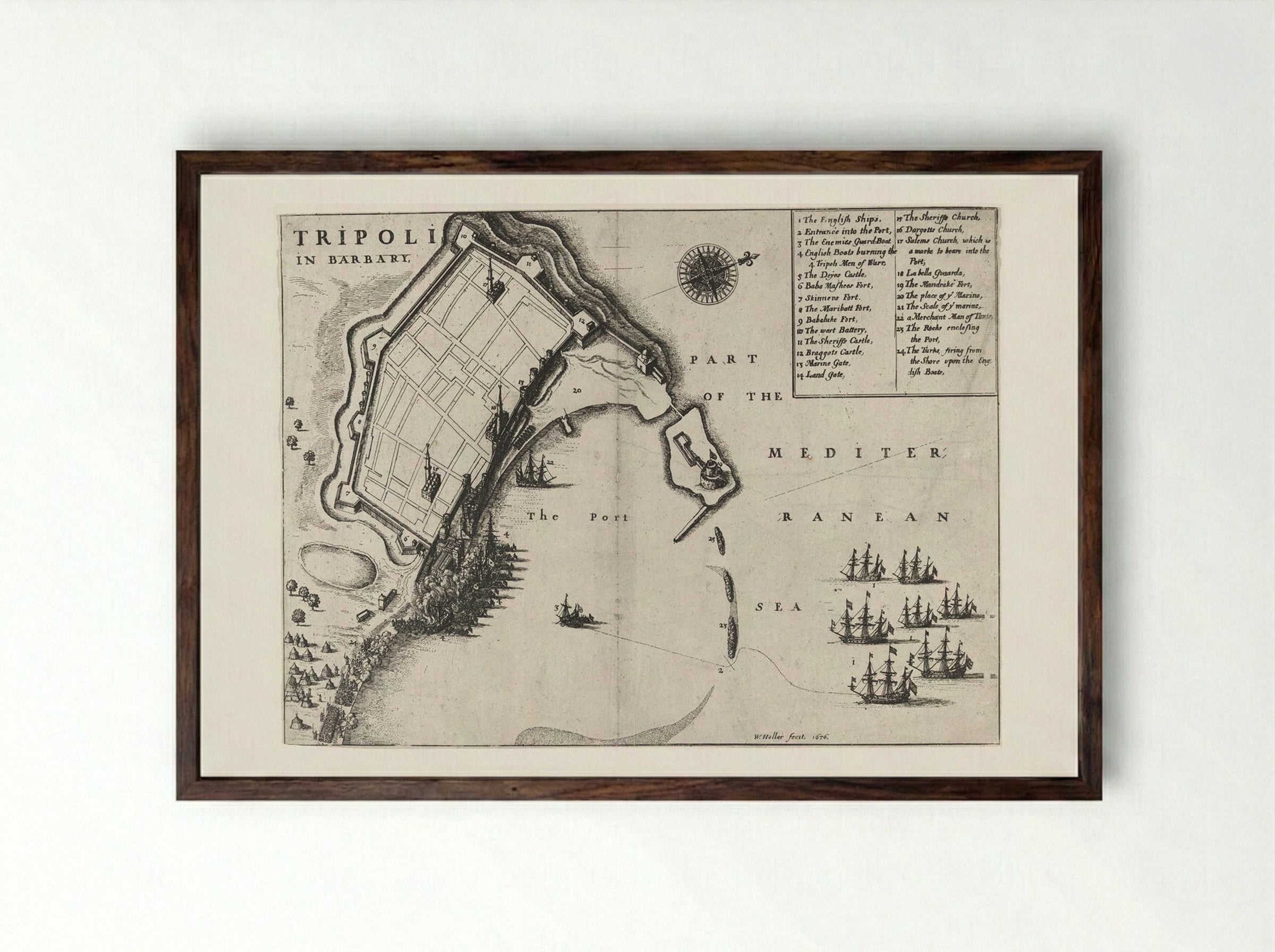 Burning of the Port of Tripoli - Wenceslaus Hollar - Framed Print Dark Wood
