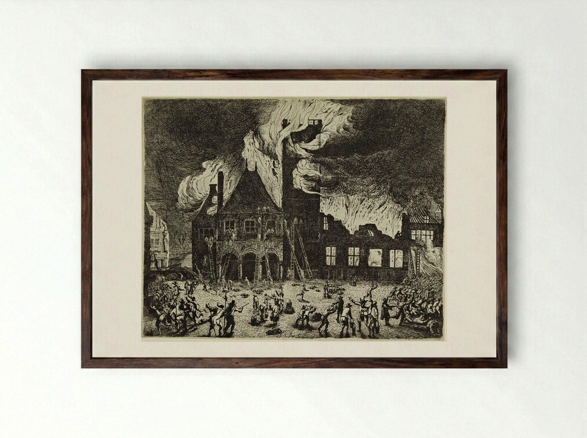 Burning of the Town Hall, Amsterdam - Jan de Baen - Framed Print Dark Wood