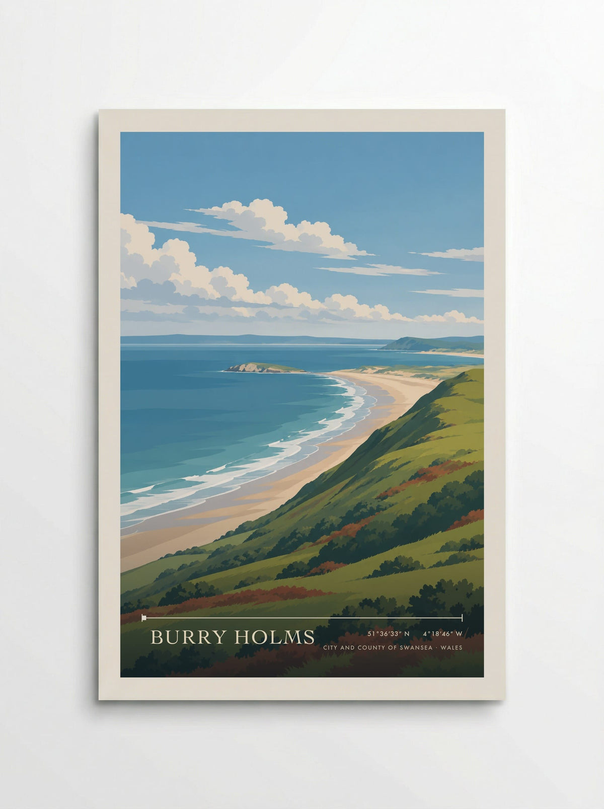 Burry Holms, City and County of Swansea travel poster: white breakers, blue sea and a green tidal island beyond late-summer coastal grasses