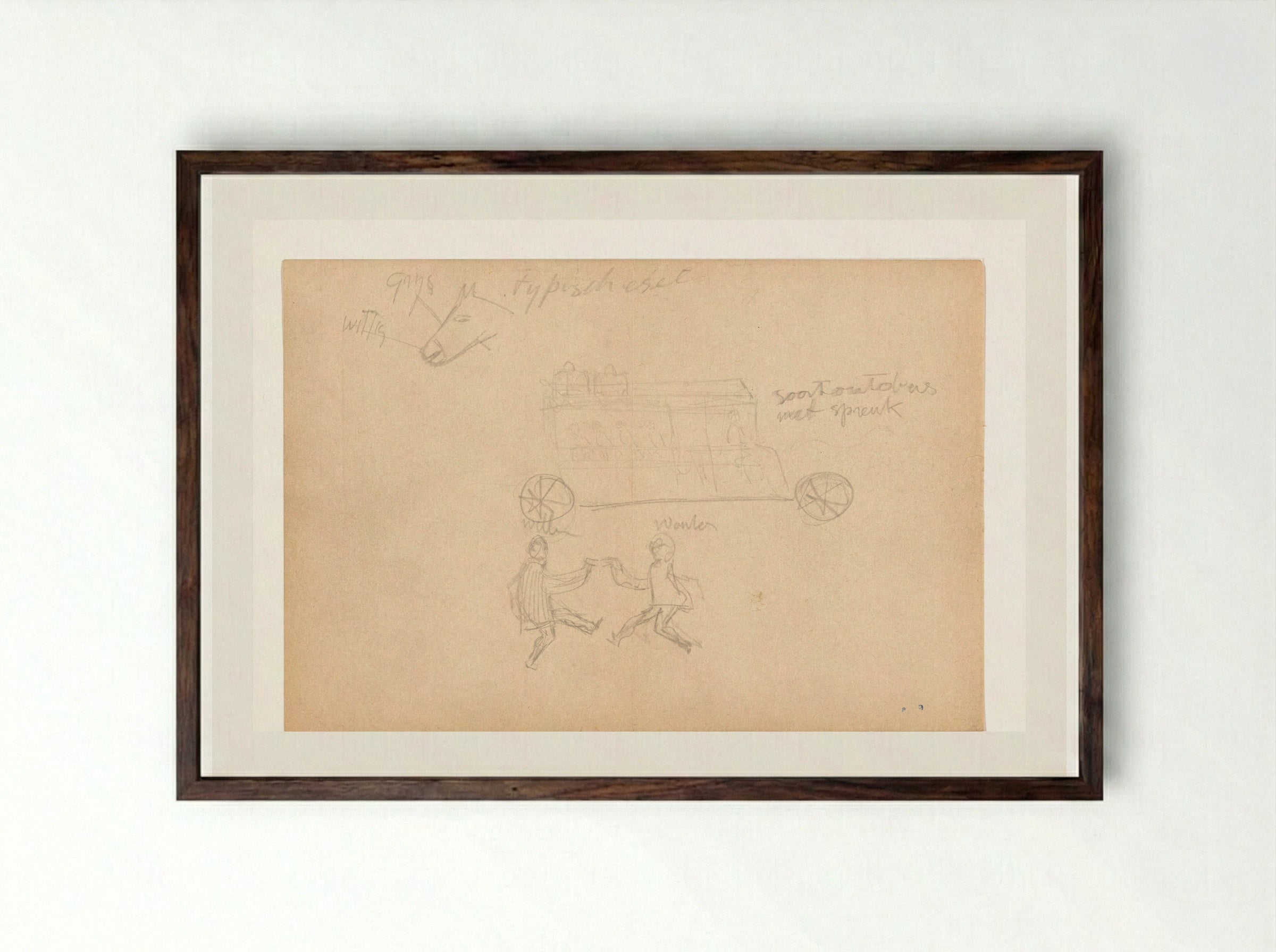 Bus met passagiers en onder twee dansende figuren - Willem Westbroek - Framed Print Dark Wood