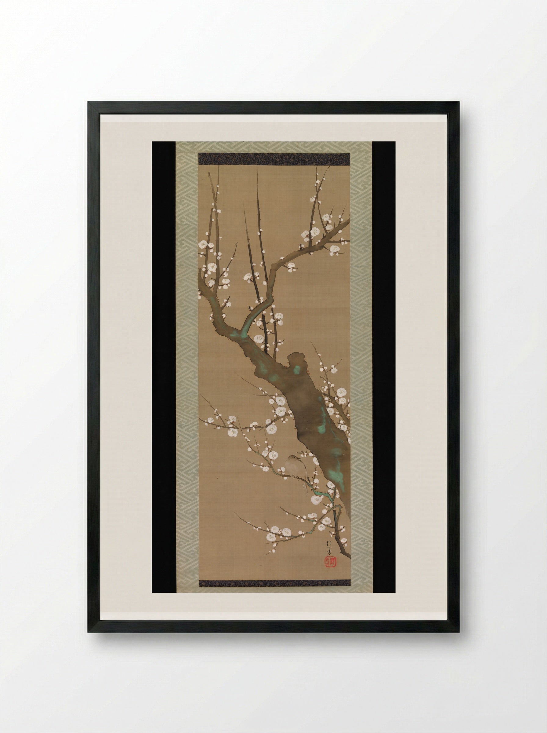 Bush Warbler (Uguisu) in a Plum Tree - Sakai Hōitsu - Framed Print Black