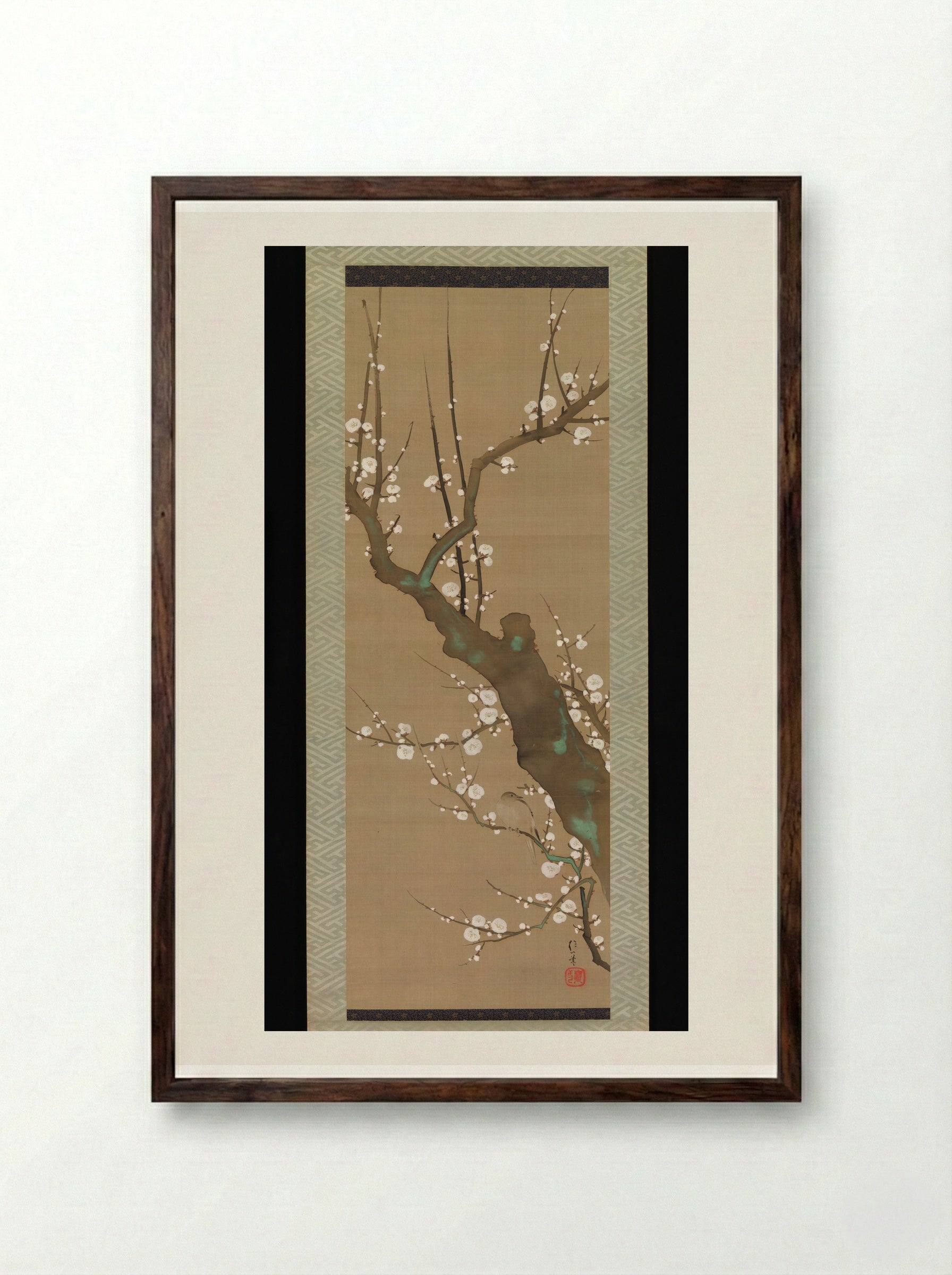 Bush Warbler (Uguisu) in a Plum Tree - Sakai Hōitsu - Framed Print Dark Wood
