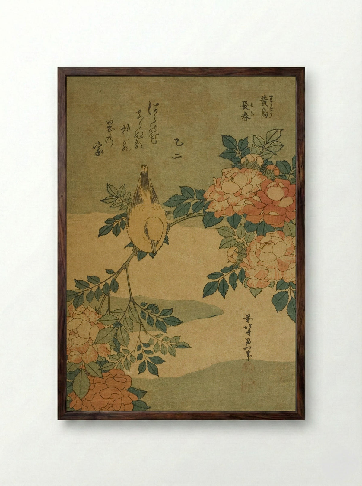 Bush Warbler and Rose - Katsushika Hokusai - Framed Print Dark Wood
