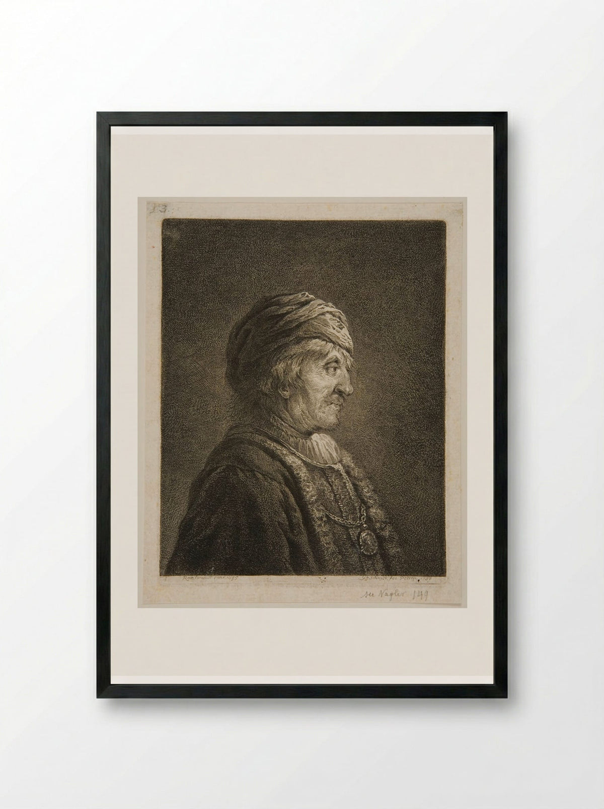 Bust of a Man, Profile, Wearing a Turban - Georg Friedrich Schmidt - Framed Print Black