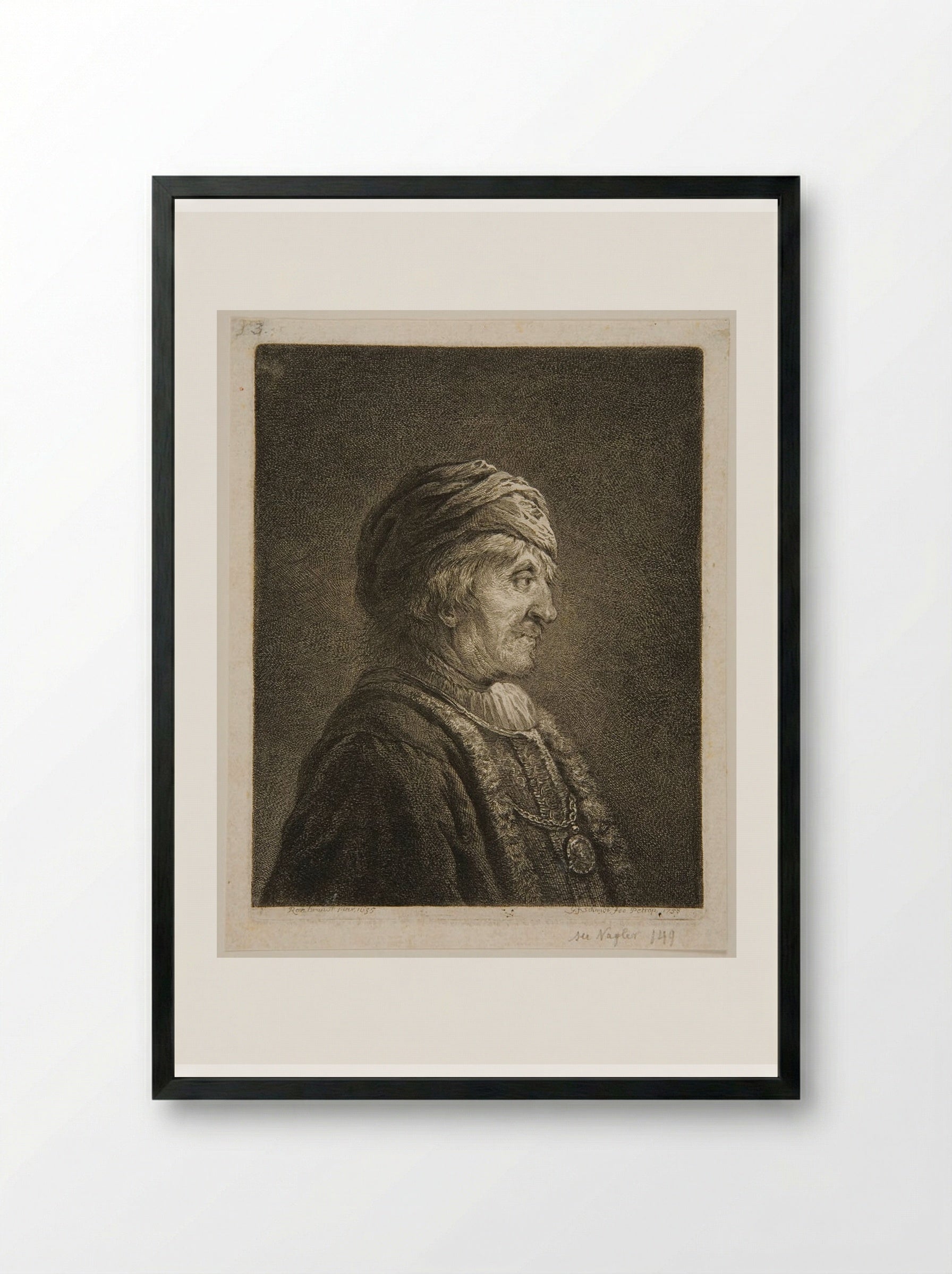 Bust of a Man, Profile, Wearing a Turban - Georg Friedrich Schmidt - Framed Print Black