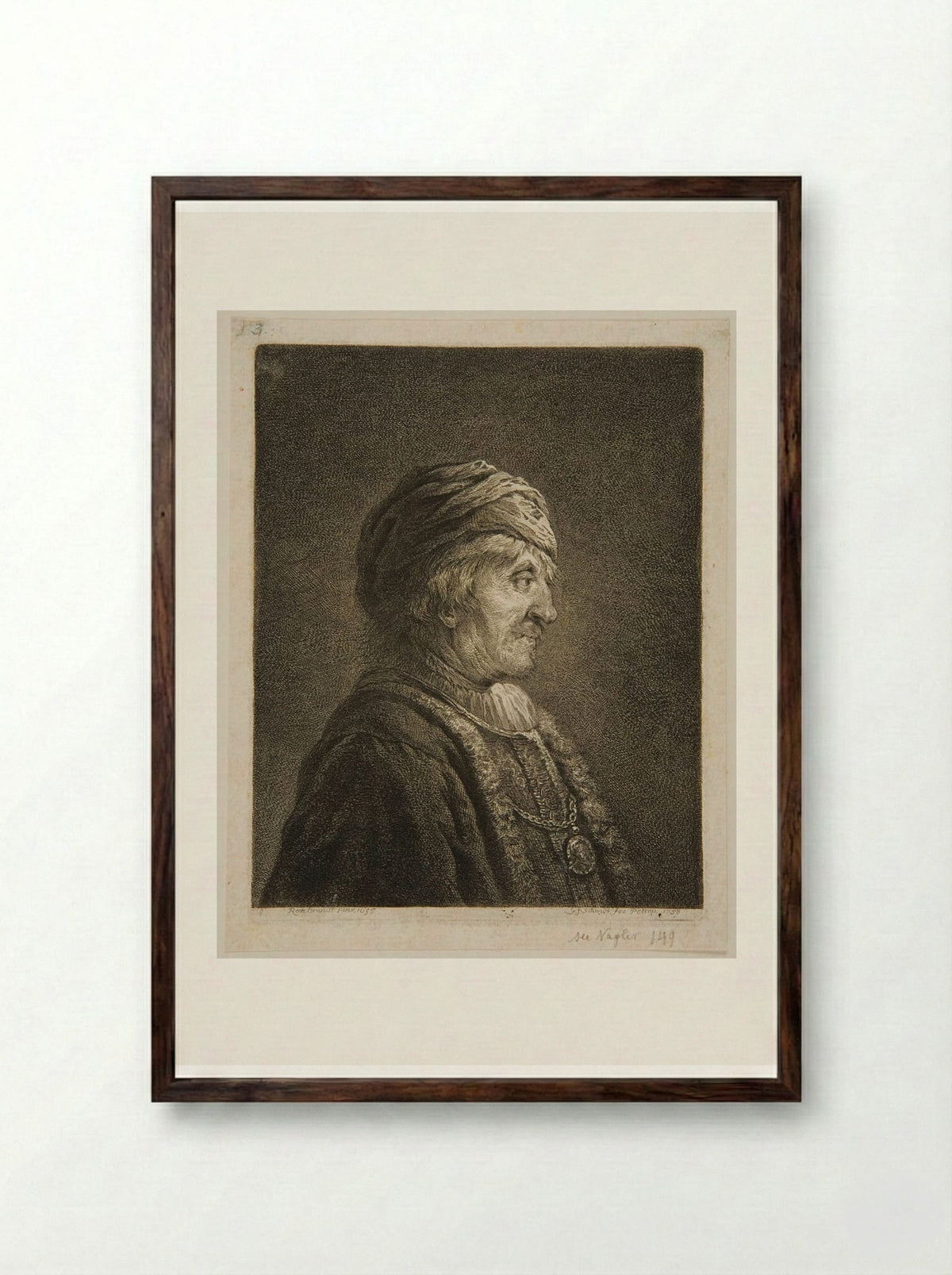 Bust of a Man, Profile, Wearing a Turban - Georg Friedrich Schmidt - Framed Print Dark Wood