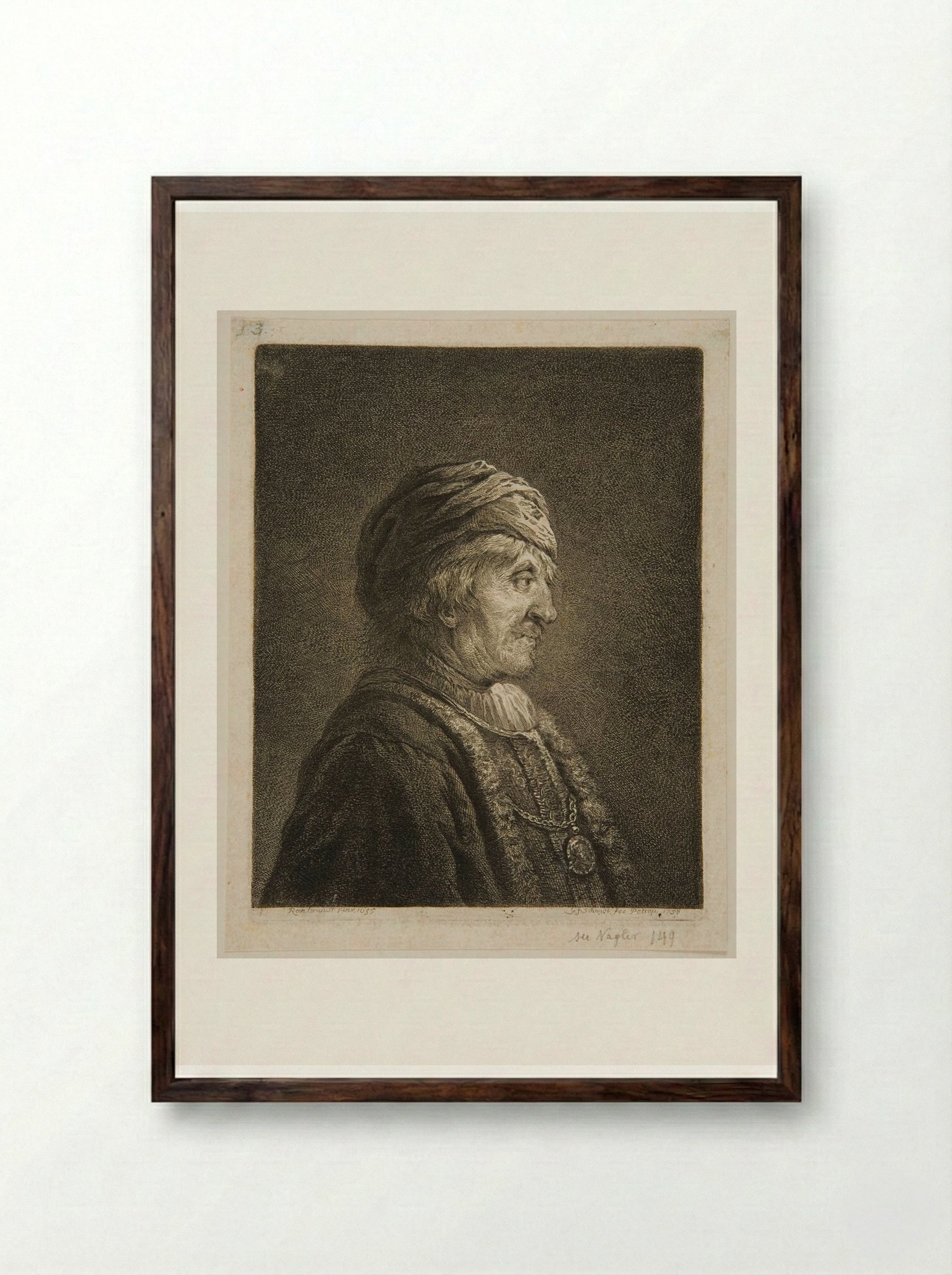 Bust of a Man, Profile, Wearing a Turban - Georg Friedrich Schmidt - Framed Print Dark Wood