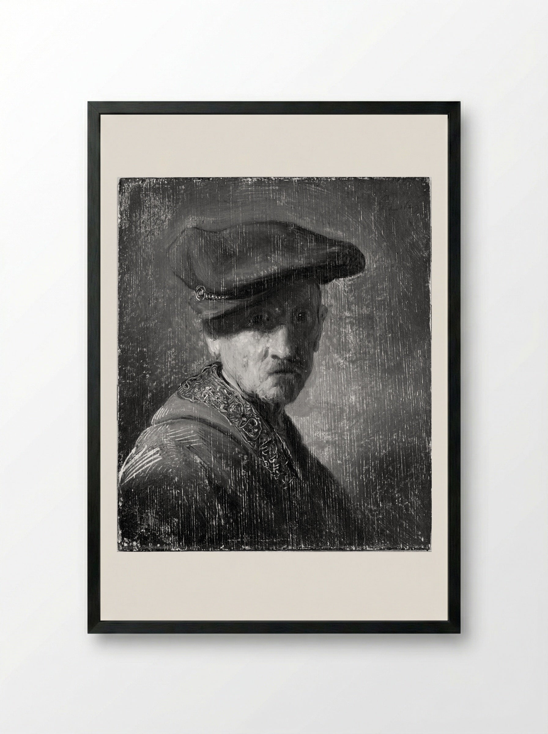 Bust of a Man in a Gorget and Cap - Rembrandt Harmensz. van Rijn - Framed Print Black