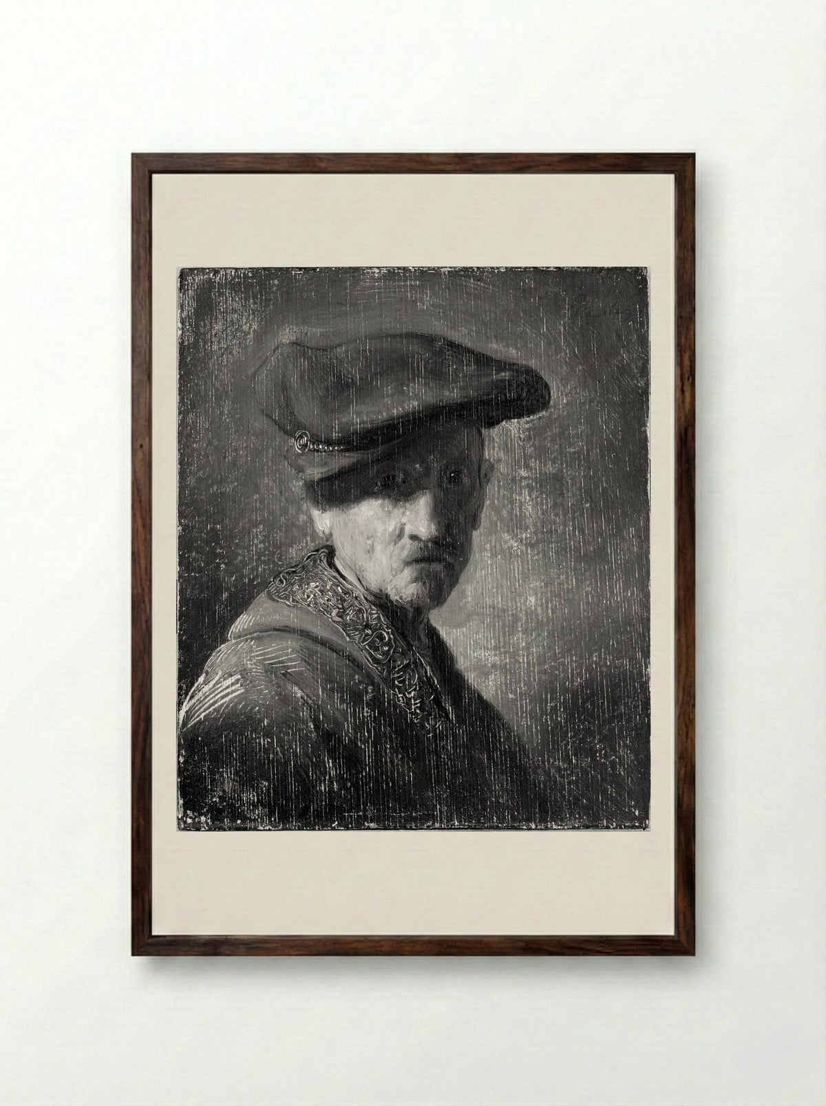 Bust of a Man in a Gorget and Cap - Rembrandt Harmensz. van Rijn - Framed Print Dark Wood