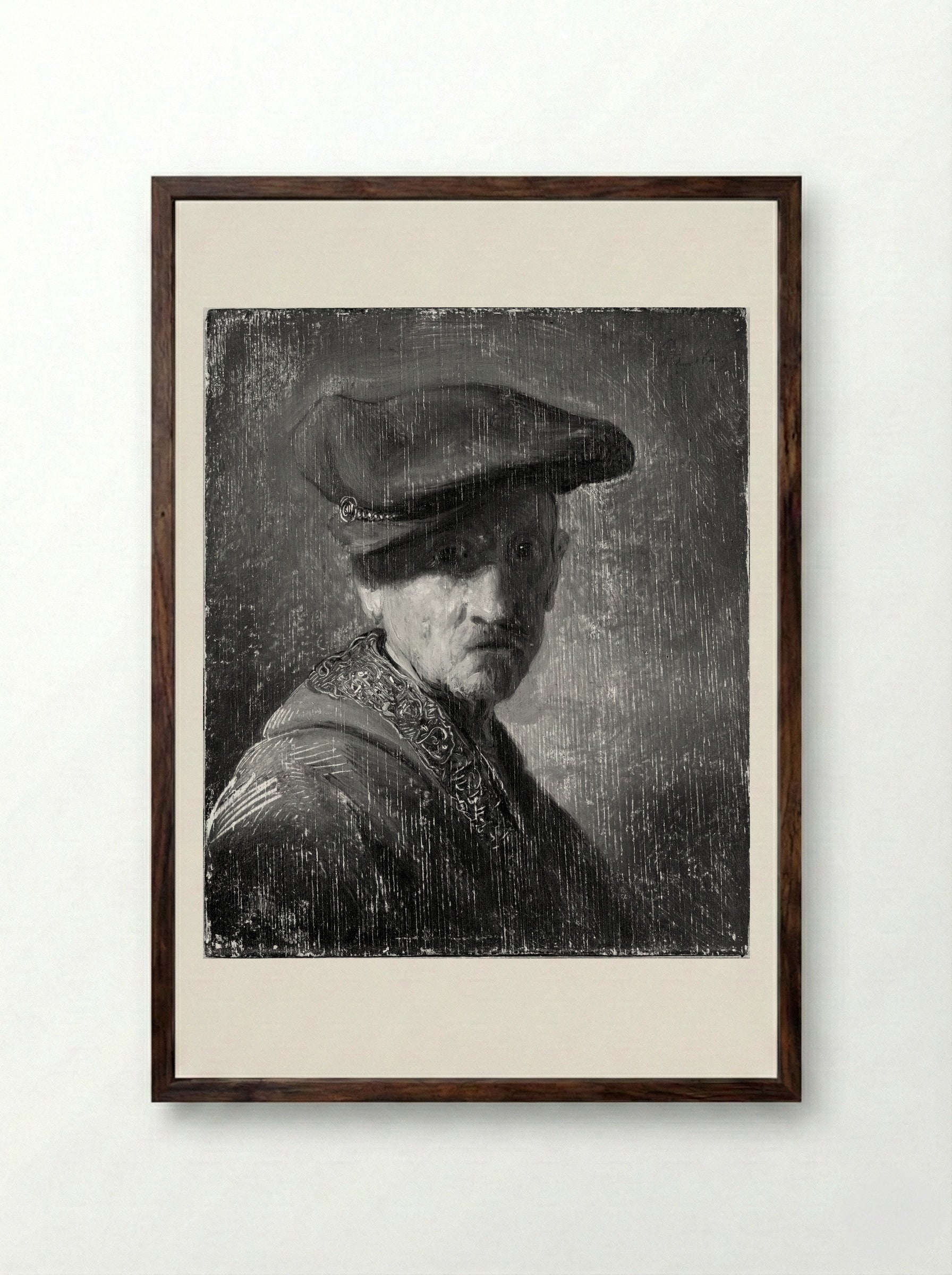 Bust of a Man in a Gorget and Cap - Rembrandt Harmensz. van Rijn - Framed Print Dark Wood