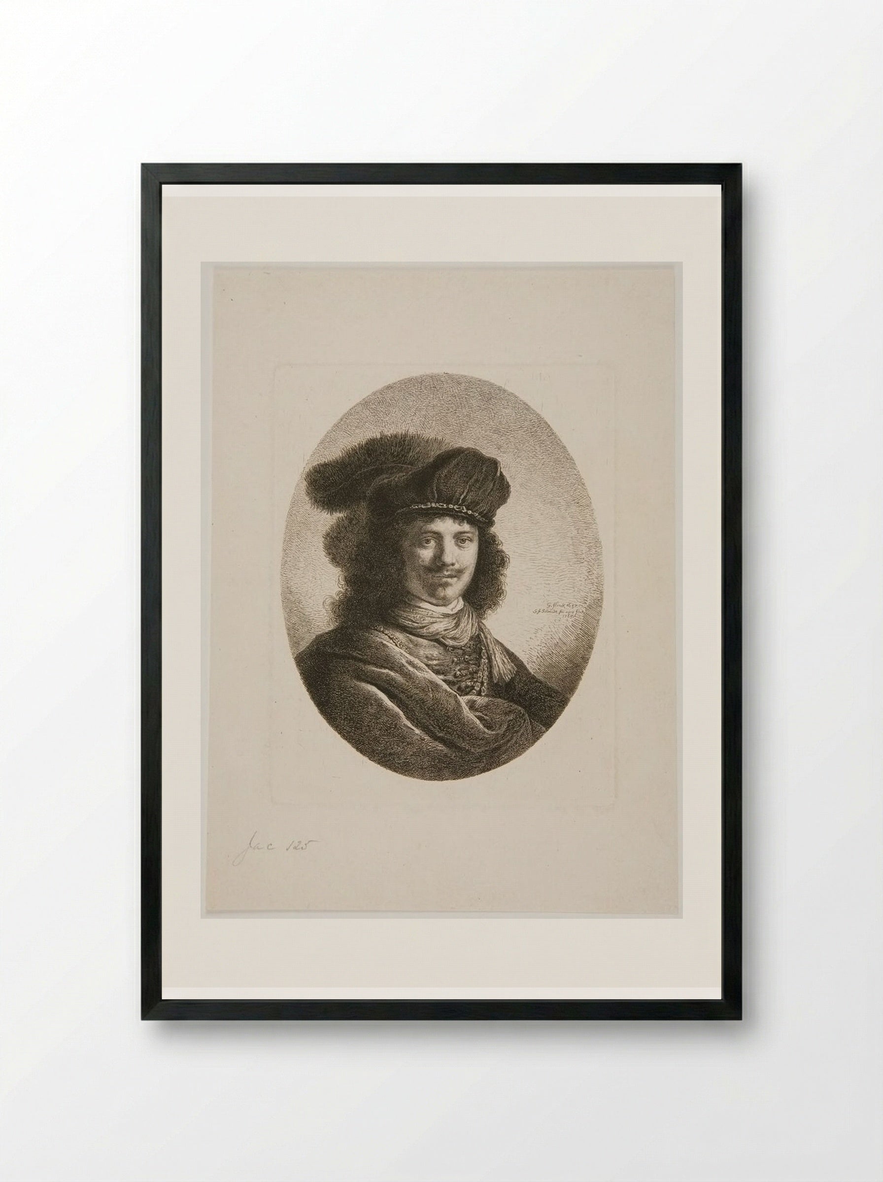 Bust of a Man with Two Feathers in His Cap - Georg Friedrich Schmidt - Framed Print Black