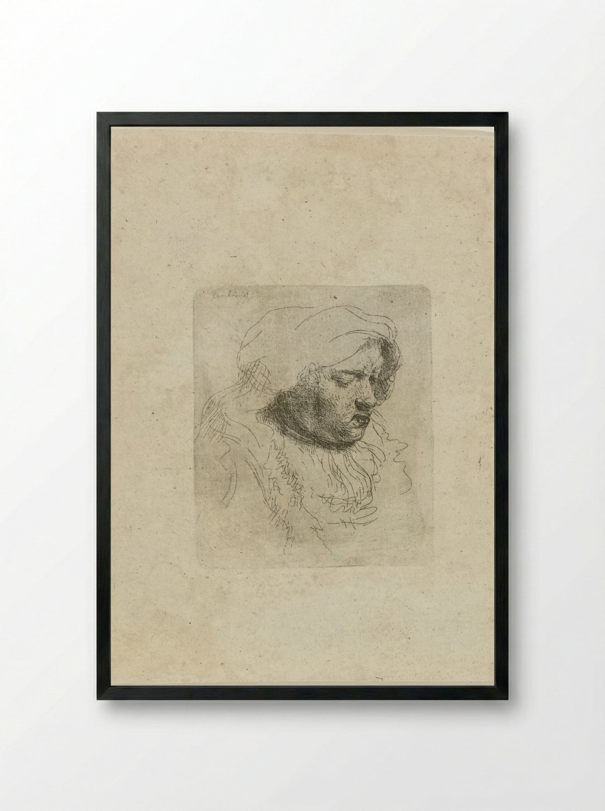 Bust of a Woman with a Headcloth - Rembrandt van Rijn - Framed Print Black