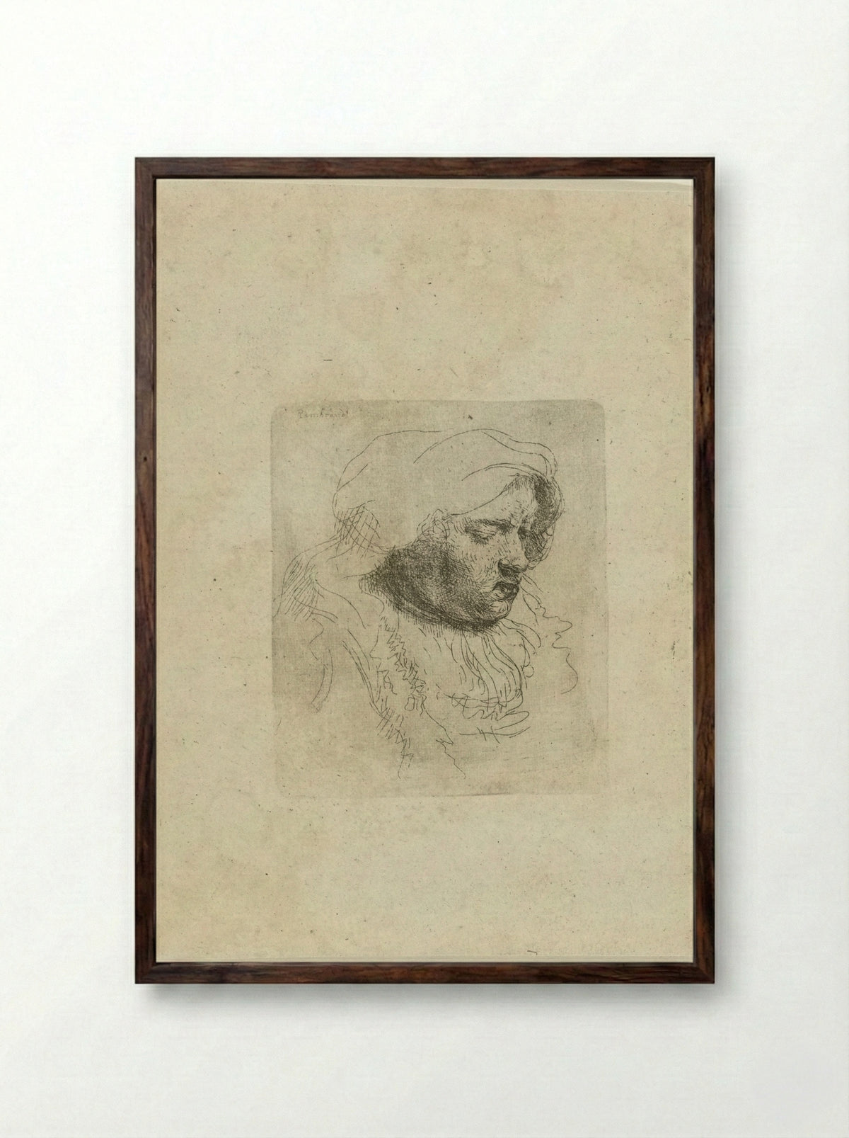 Bust of a Woman with a Headcloth - Rembrandt van Rijn - Framed Print Dark Wood