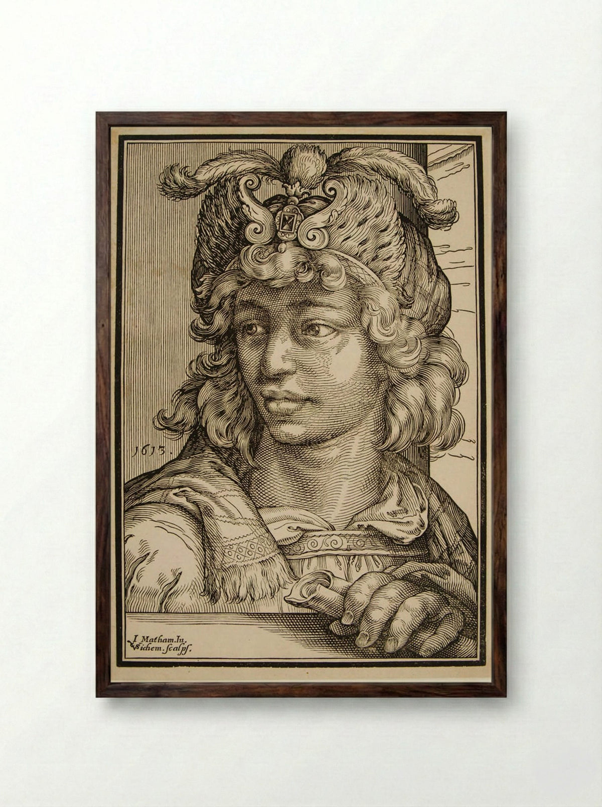 Bust of a Young Man with a Feather Cap - Christoffel van Sichem I - Framed Print Dark Wood