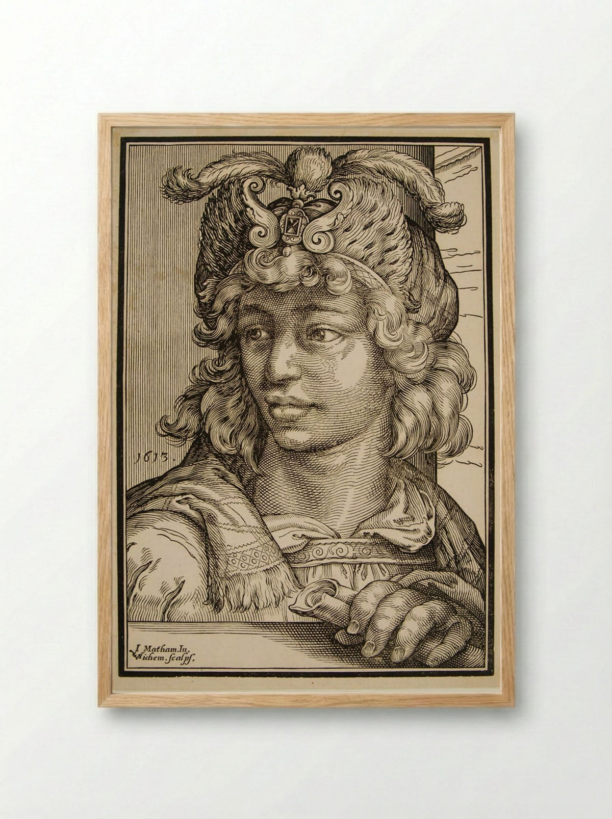 Bust of a Young Man with a Feather Cap - Christoffel van Sichem I - Framed Print Wood