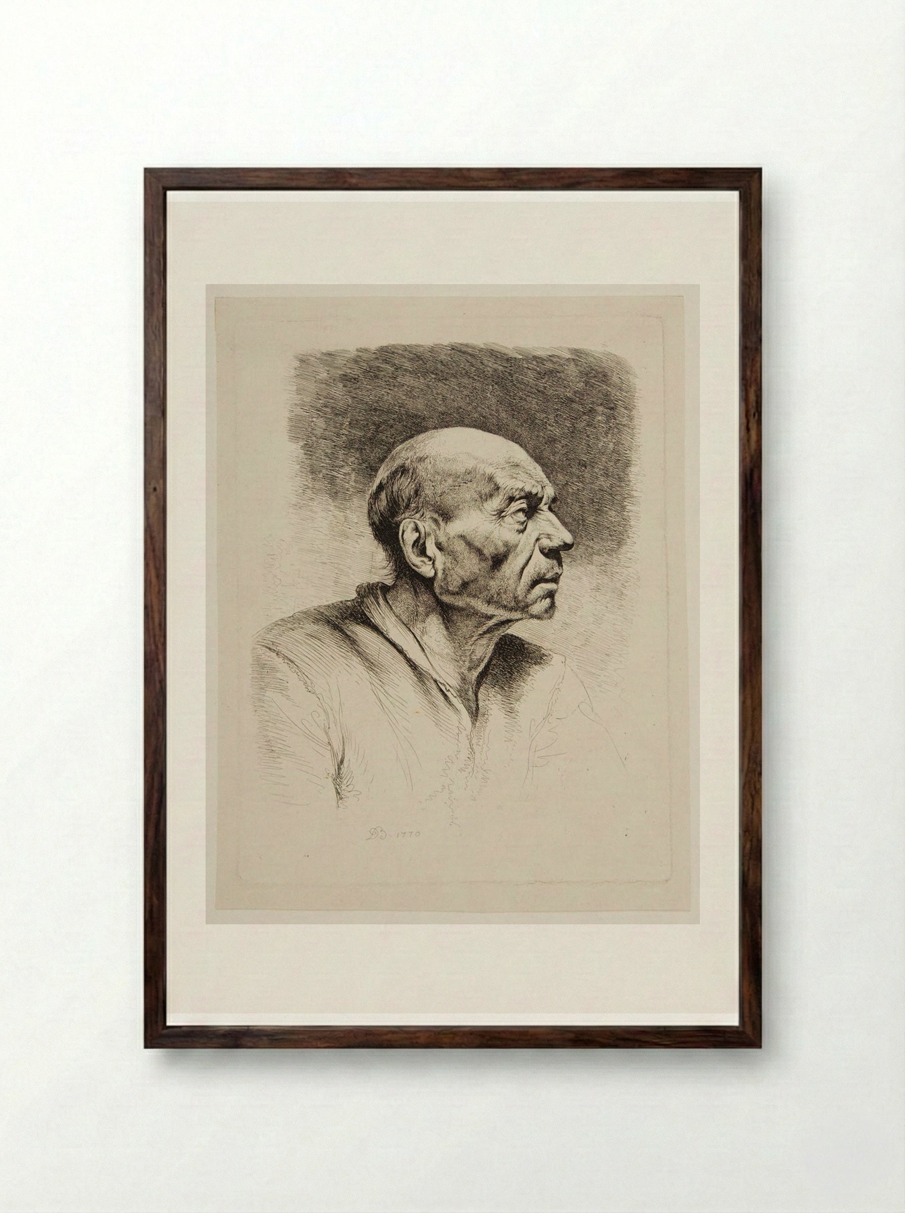 Bust of an Old Man with Bald Head - Jean-Jacques de Boissieu - Framed Print Dark Wood