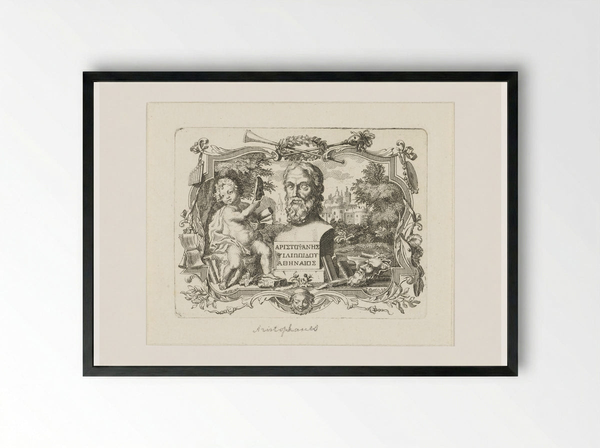 Buste van Aristophanes en putto met masker, in cartouche - Abraham Delfos - Framed Print Black