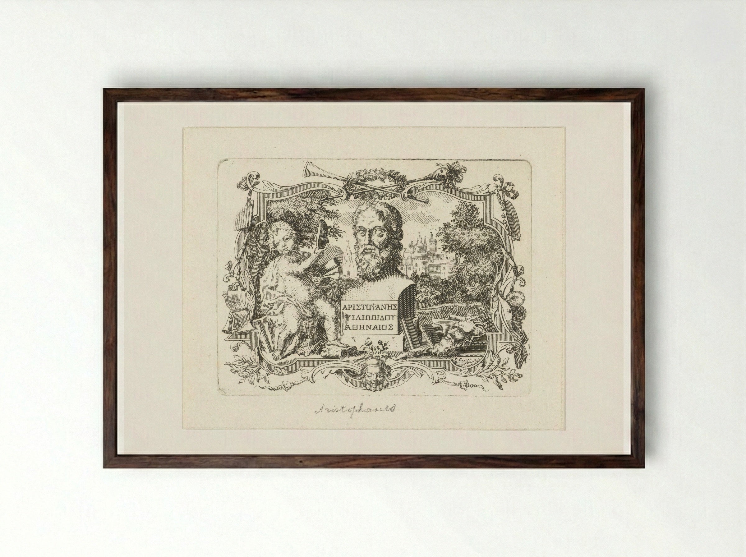 Buste van Aristophanes en putto met masker, in cartouche - Abraham Delfos - Framed Print Dark Wood