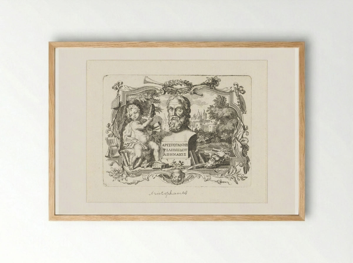 Buste van Aristophanes en putto met masker, in cartouche - Abraham Delfos - Framed Print Wood
