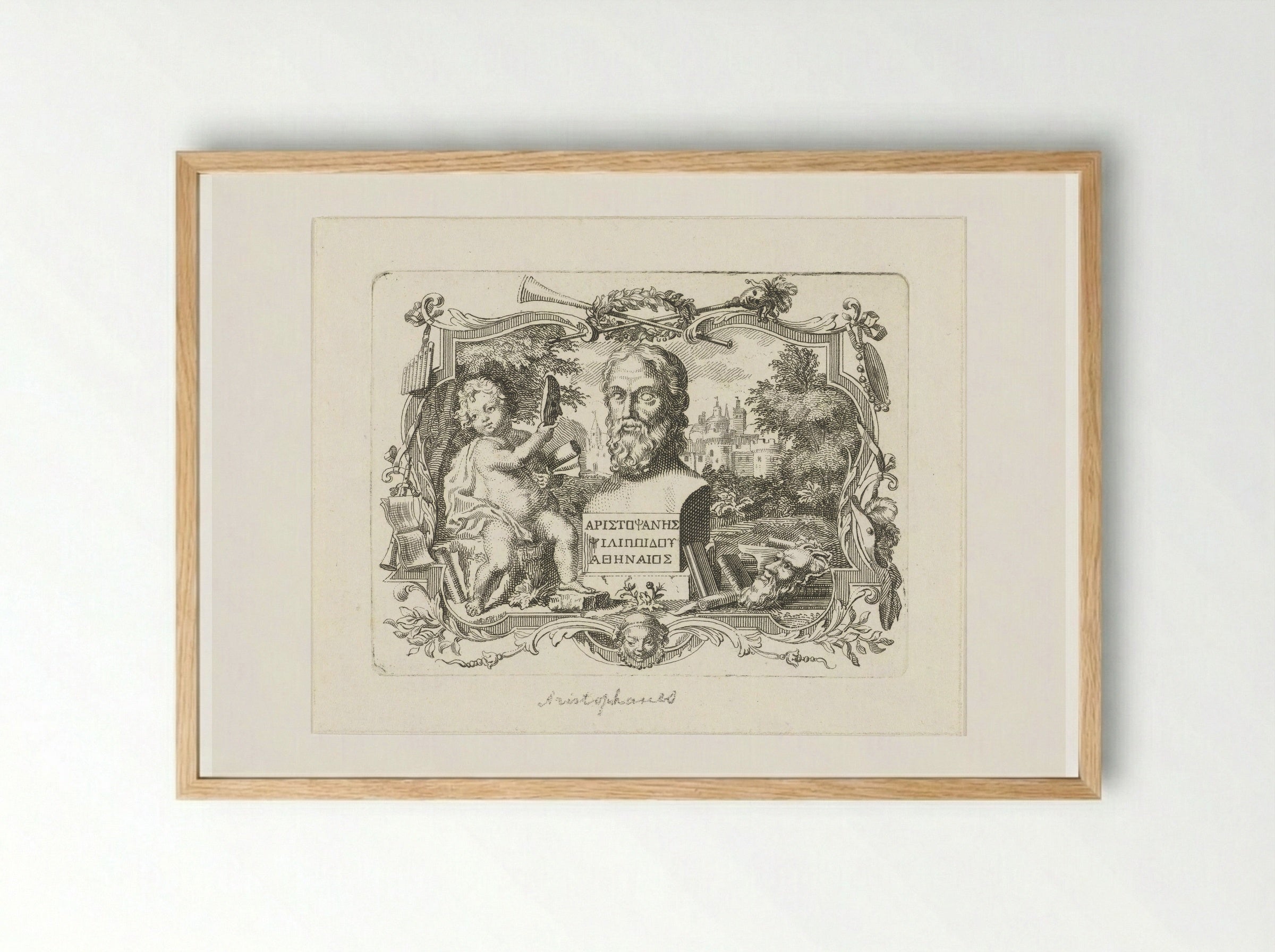 Buste van Aristophanes en putto met masker, in cartouche - Abraham Delfos - Framed Print Wood