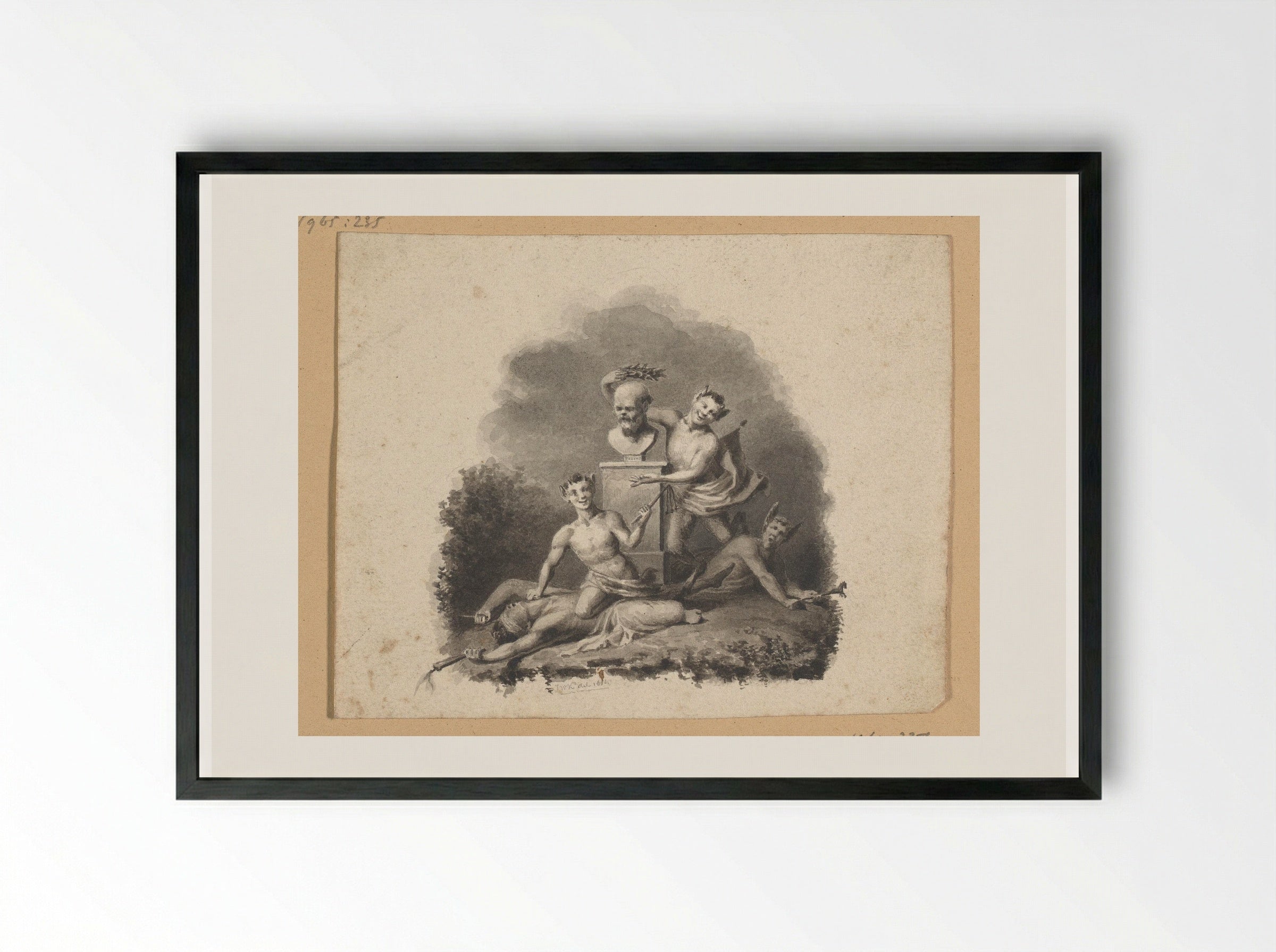 Buste van Socrates omgeven door drie saters - Johann Wilhelm Kaiser (I) - Framed Print Black