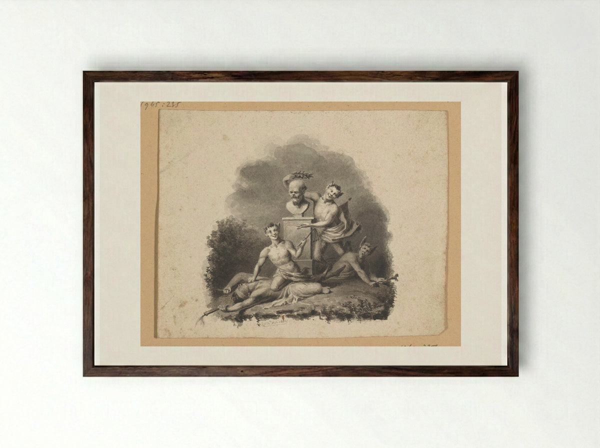 Buste van Socrates omgeven door drie saters - Johann Wilhelm Kaiser (I) - Framed Print Dark Wood