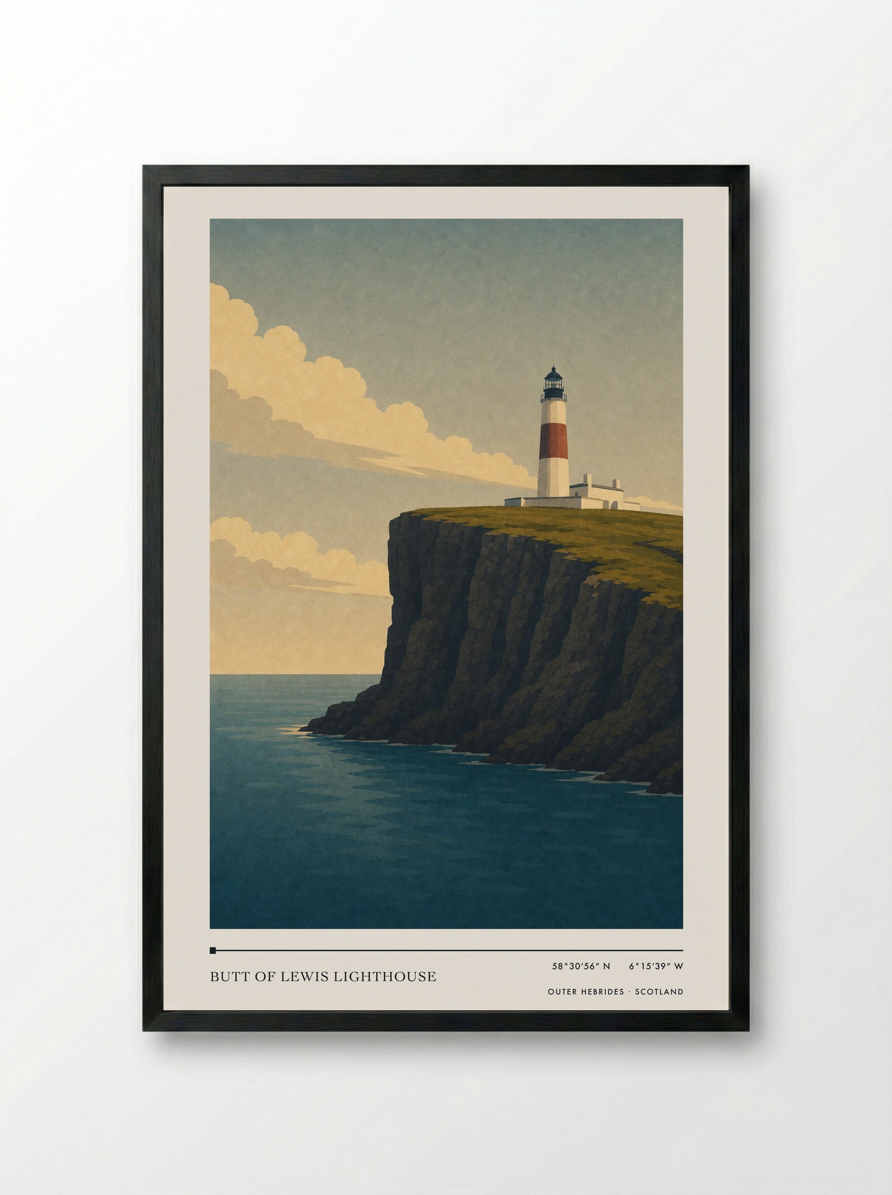 Butt of Lewis Lighthouse Travel Poster Artwork - Framed Print Black