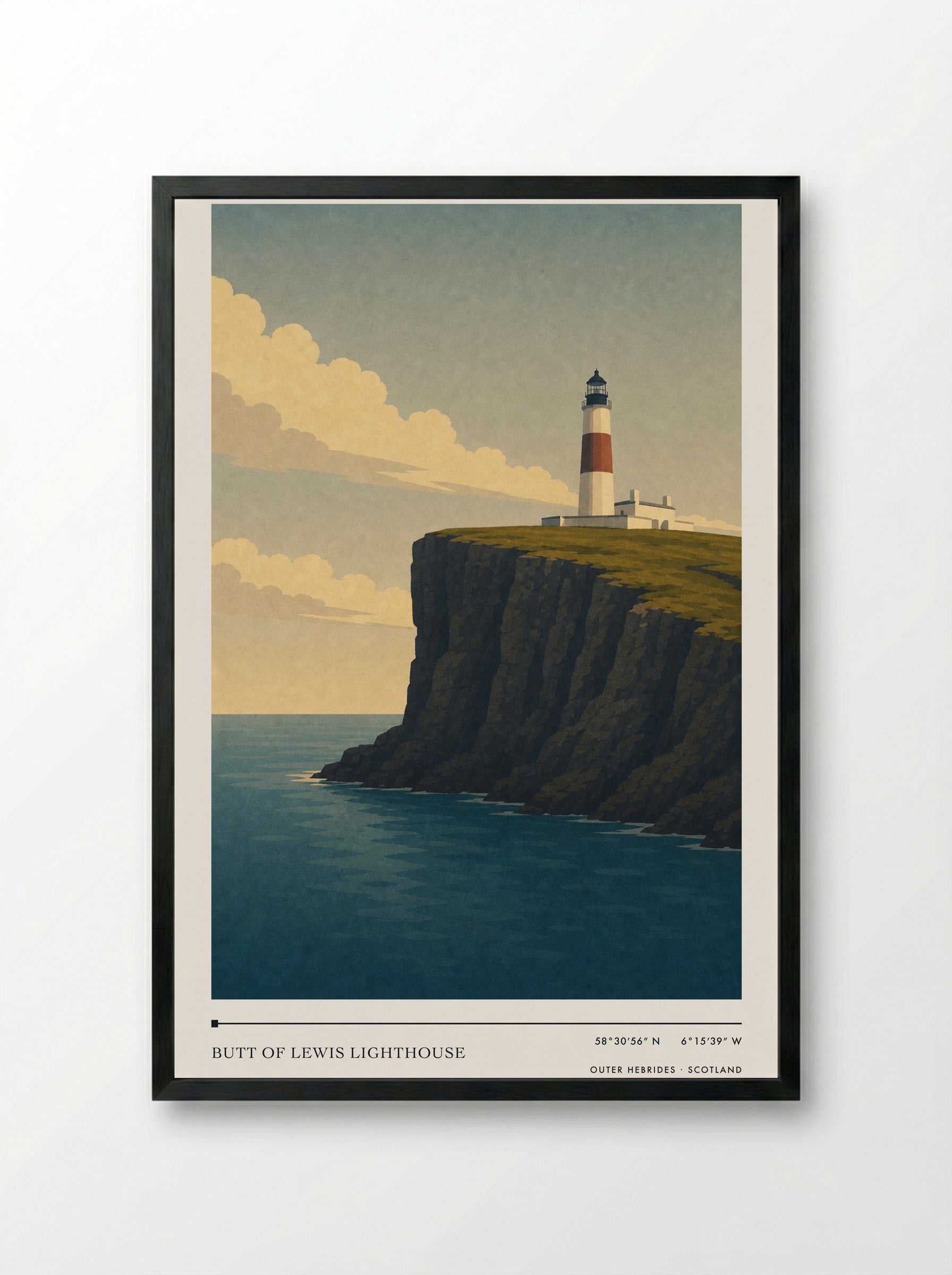 Butt of Lewis Lighthouse Travel Poster Artwork - Framed Print Black