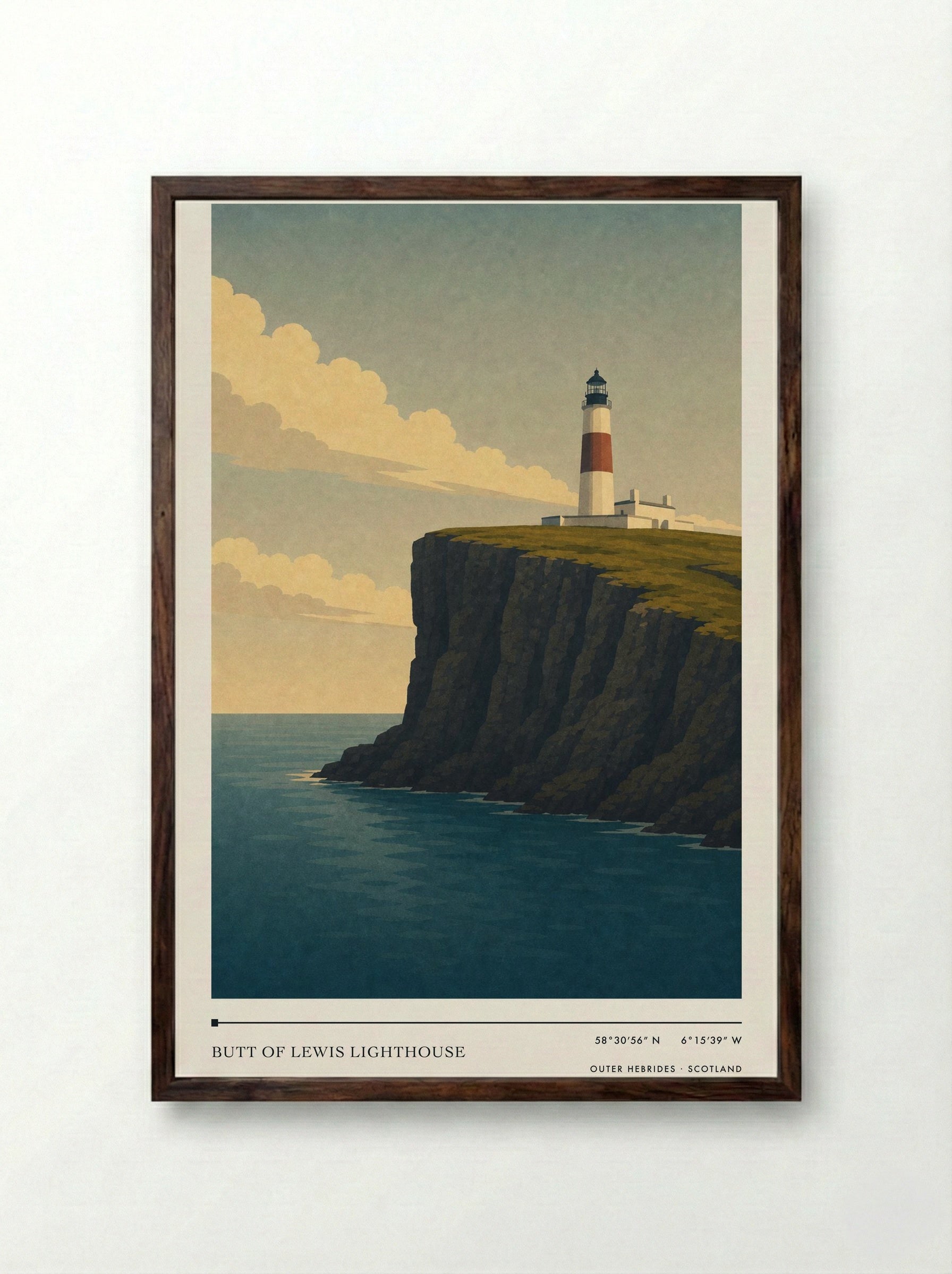 Butt of Lewis Lighthouse Travel Poster Artwork - Framed Print Dark Wood