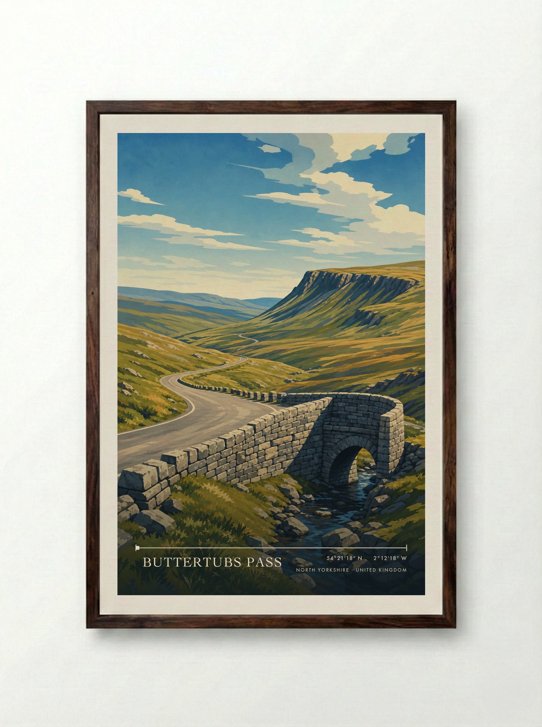 Buttertubs Pass North Yorkshire United Kingdom Travel Poster - Framed Print Dark Wood