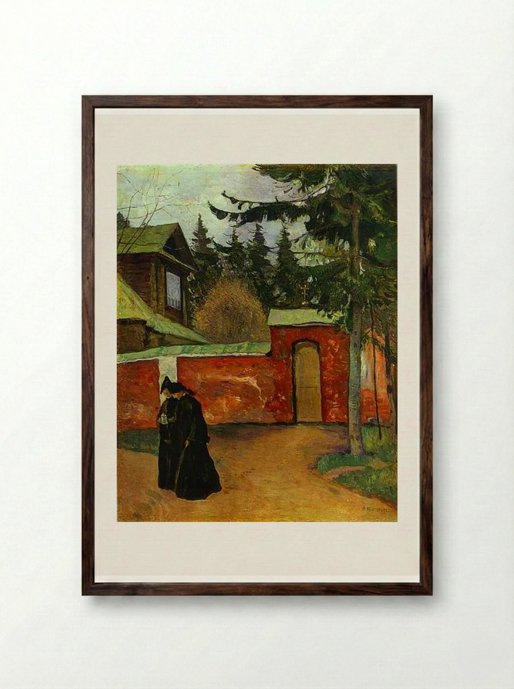 By a Monastery Entrance - Mikhail Nesterov - Framed Print Dark Wood