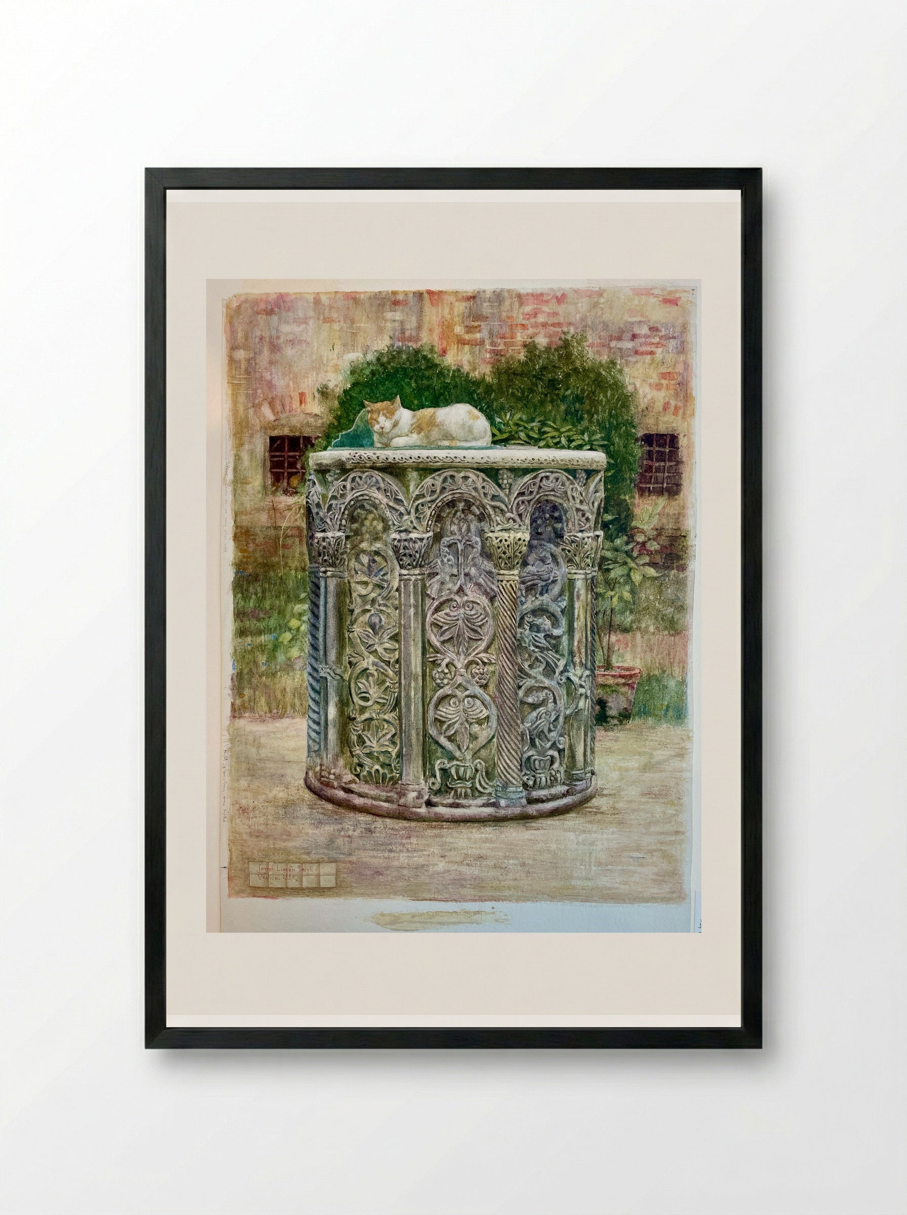 Byzantine Well Curb with Cat, Venice - Joseph Lindon Smith - Framed Print Black