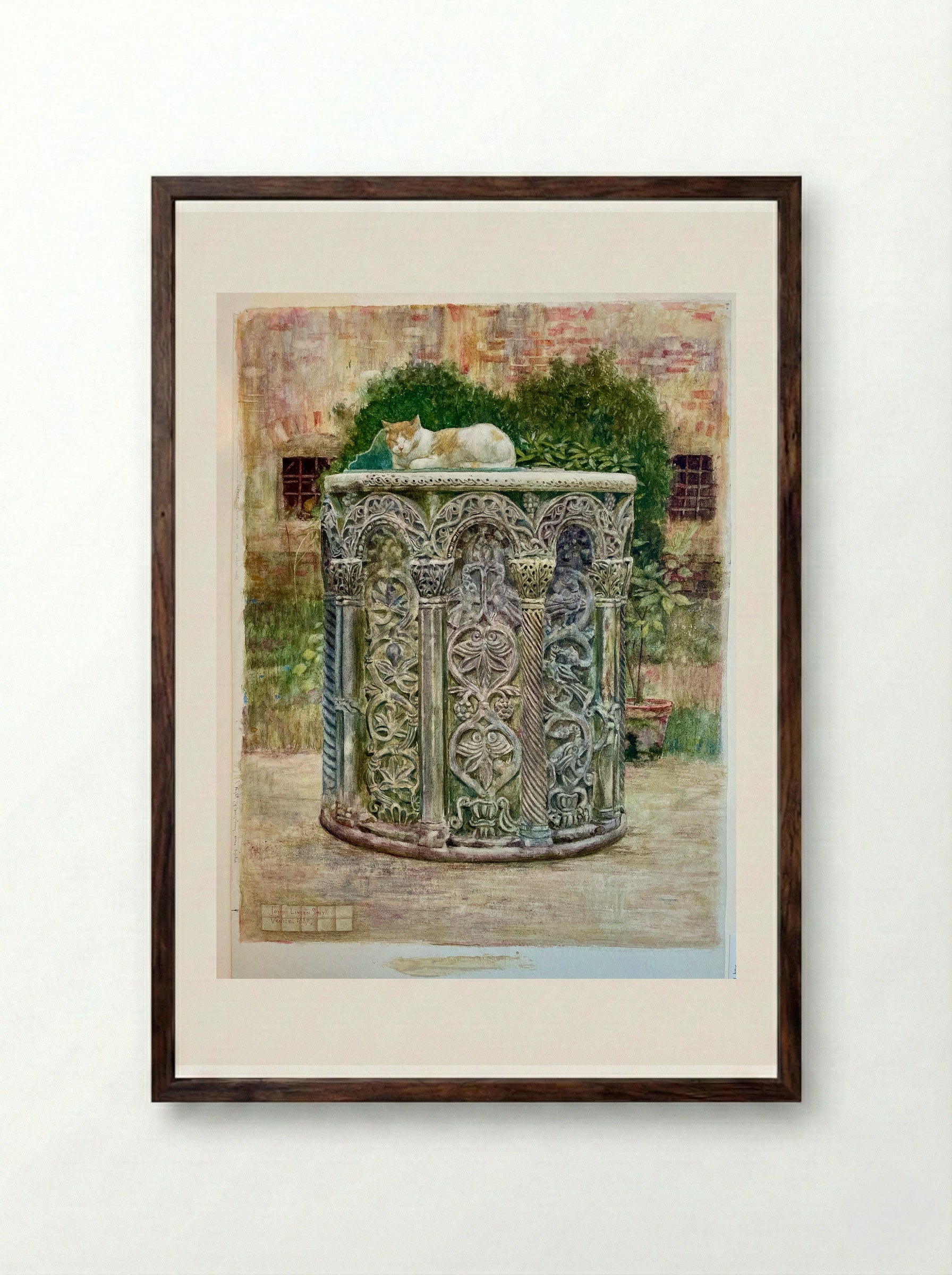 Byzantine Well Curb with Cat, Venice - Joseph Lindon Smith - Framed Print Dark Wood