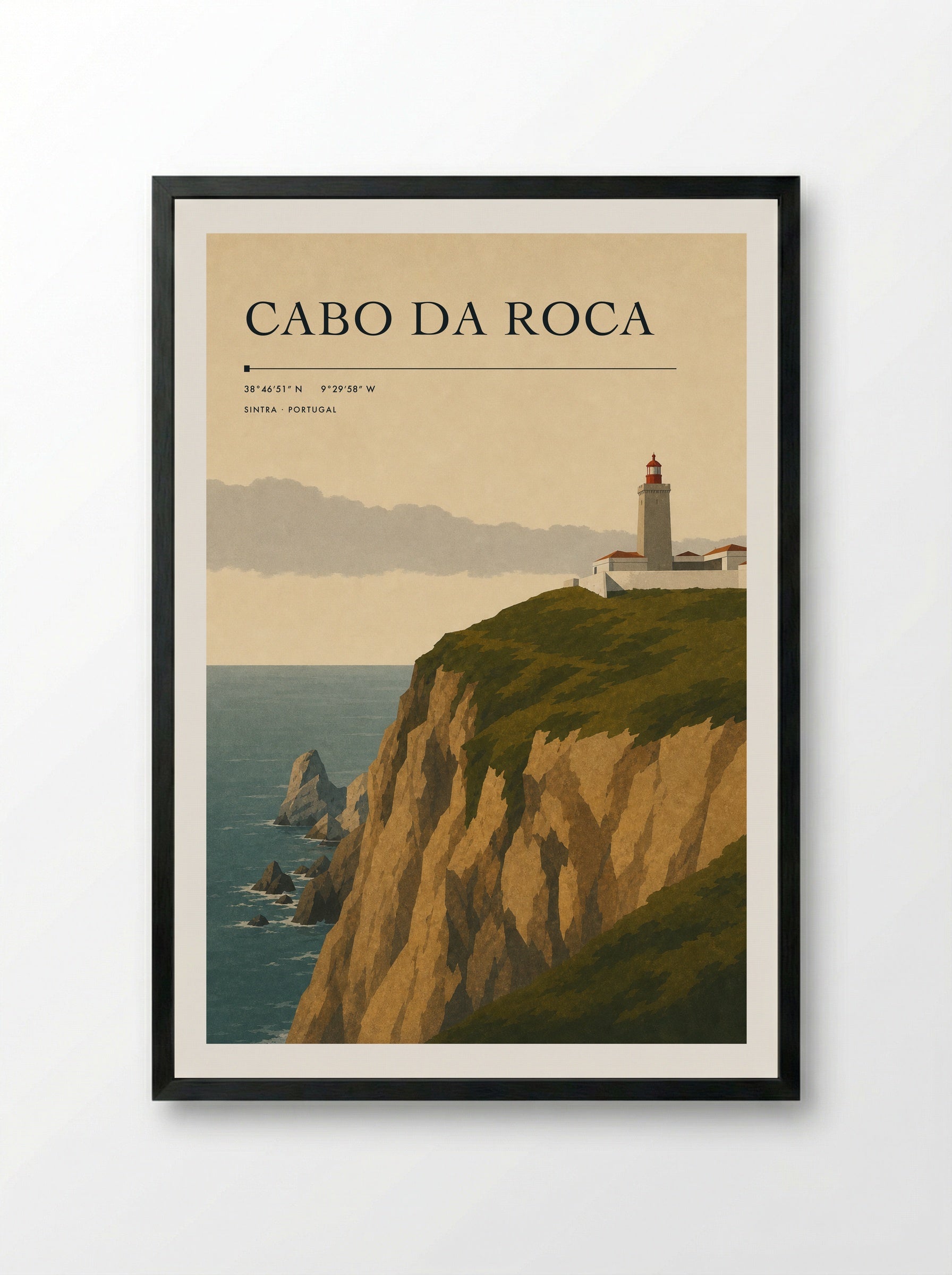 Cabo da Roca Travel Poster Artwork - Framed Print Black