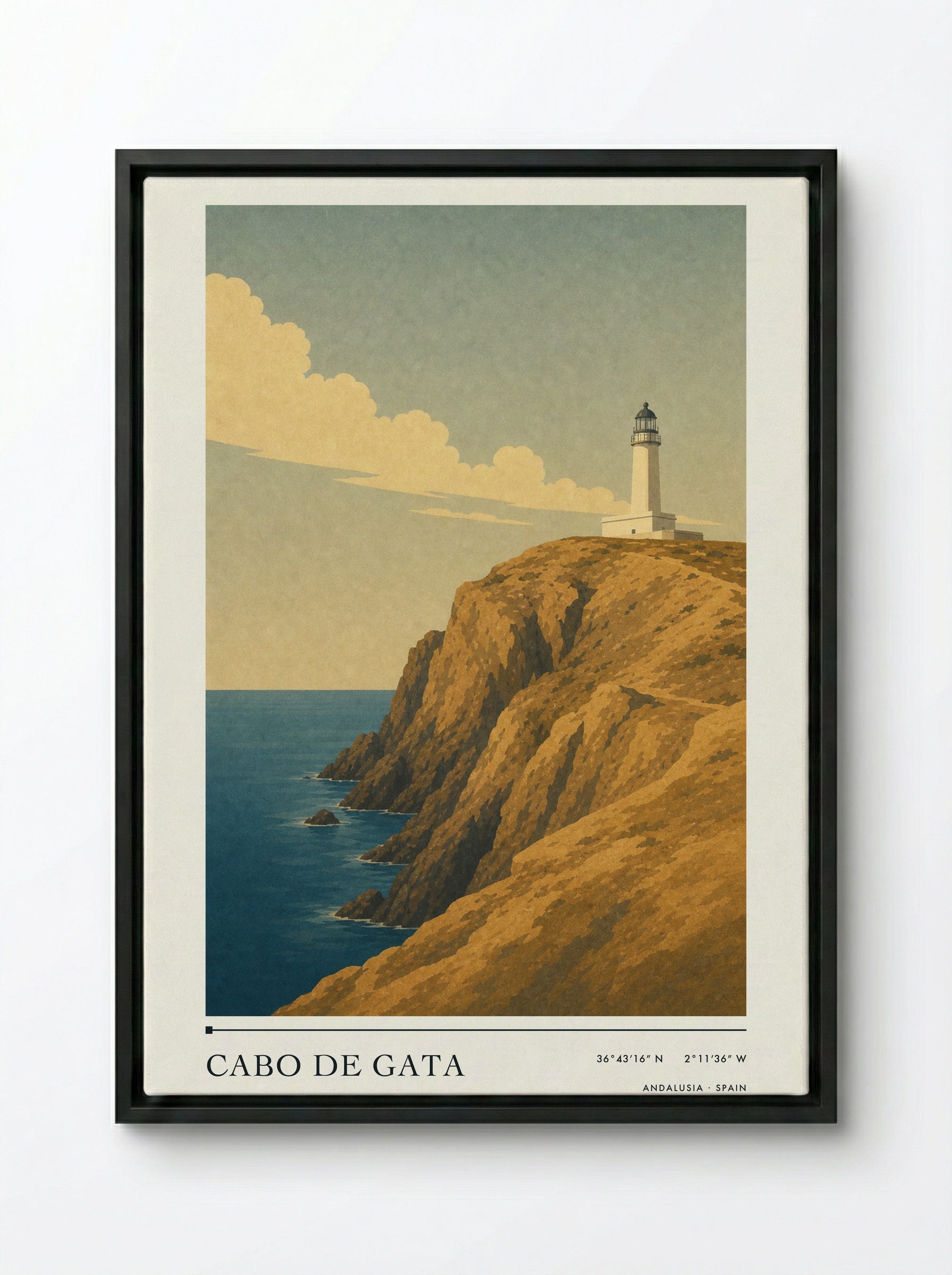 Cabo de Gata Travel Poster Artwork - Framed Canvas Black