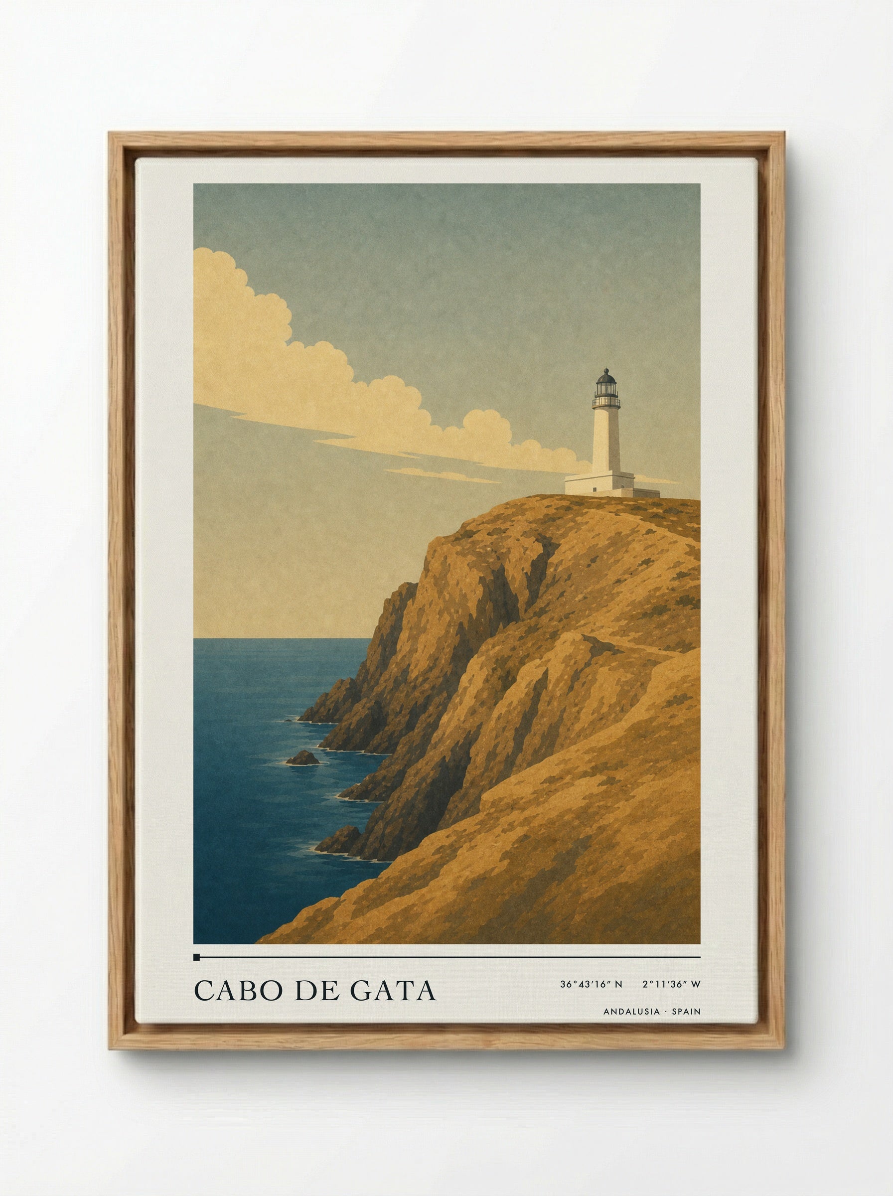 Cabo de Gata Travel Poster Artwork - Framed Canvas Wood