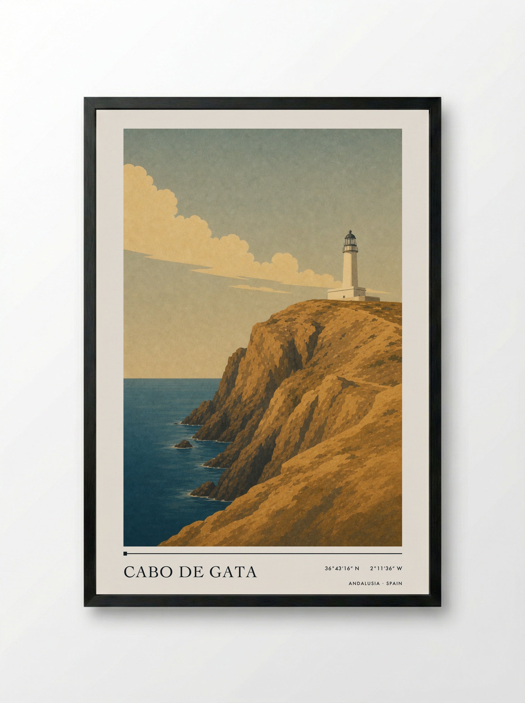 Cabo de Gata Travel Poster Artwork - Framed Print Black