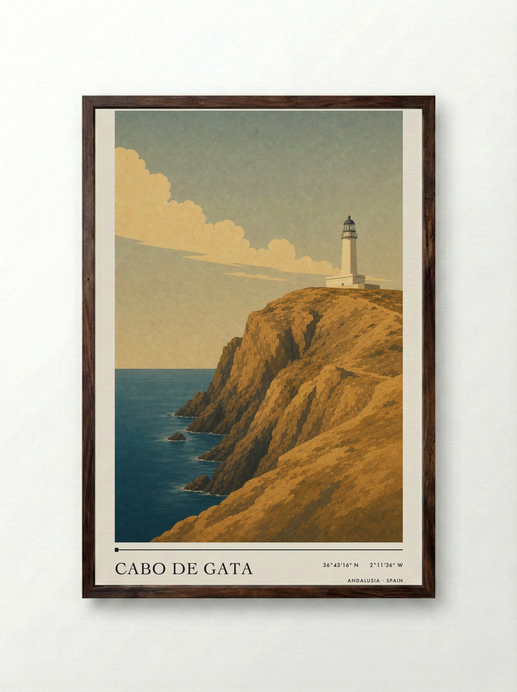 Cabo de Gata Travel Poster Artwork - Framed Print Dark Wood