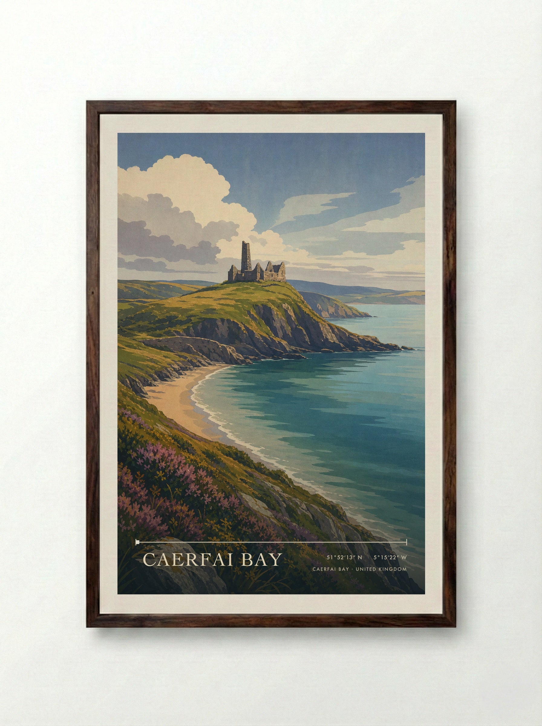 Caerfai Bay United Kingdom Travel Poster - Framed Print Dark Wood