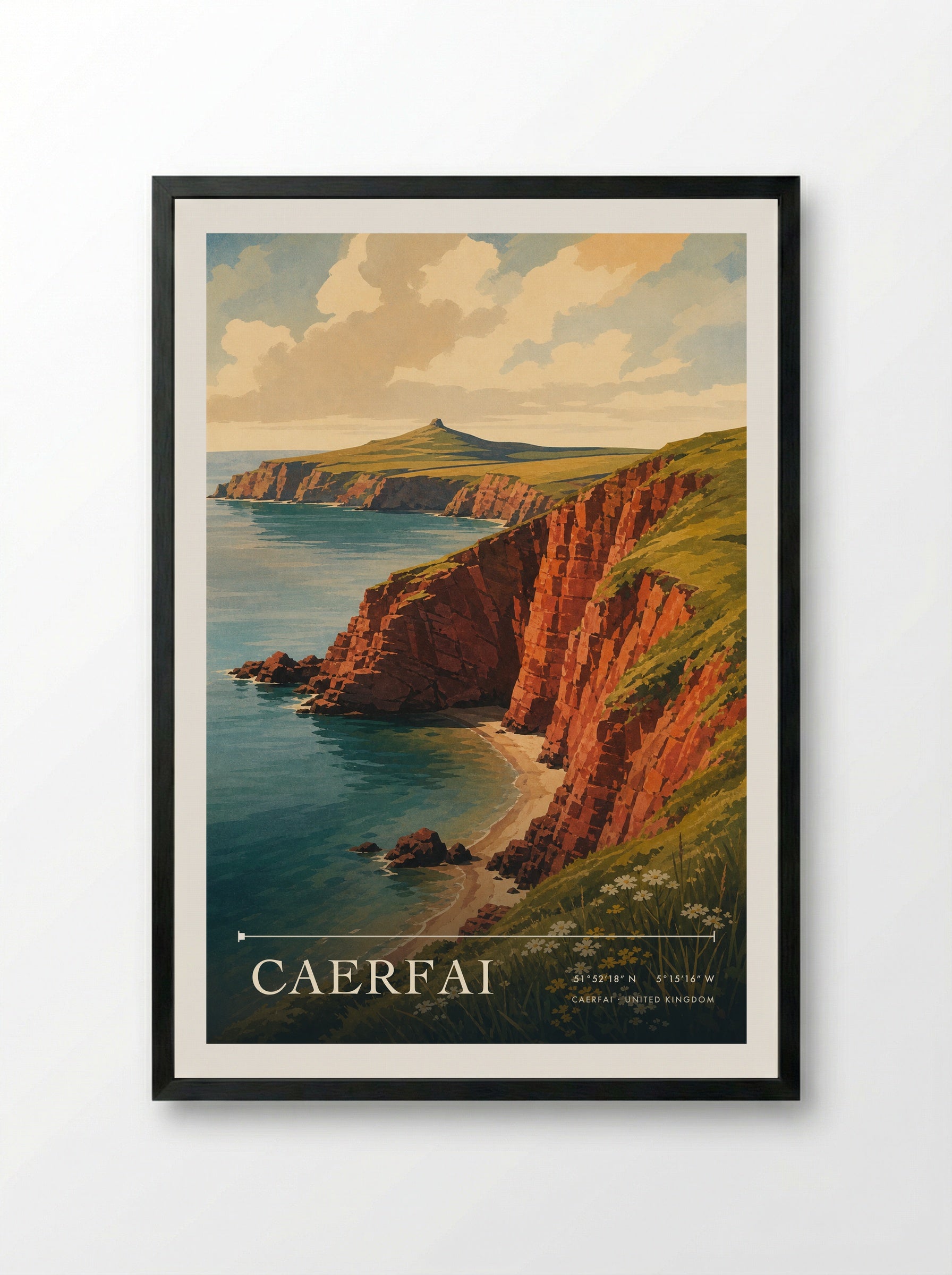 Caerfai United Kingdom Travel Poster - Framed Print Black