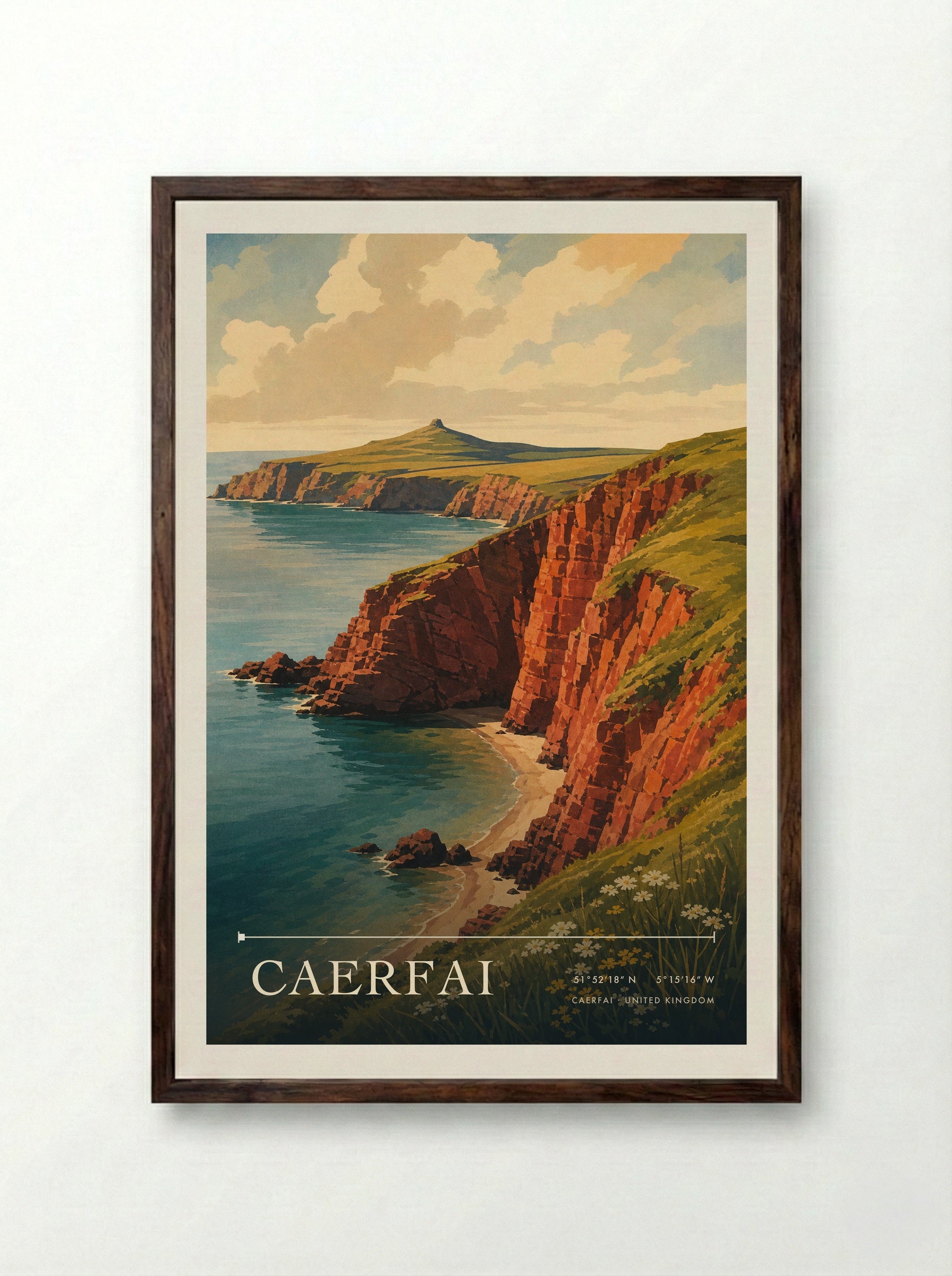 Caerfai United Kingdom Travel Poster - Framed Print Dark Wood