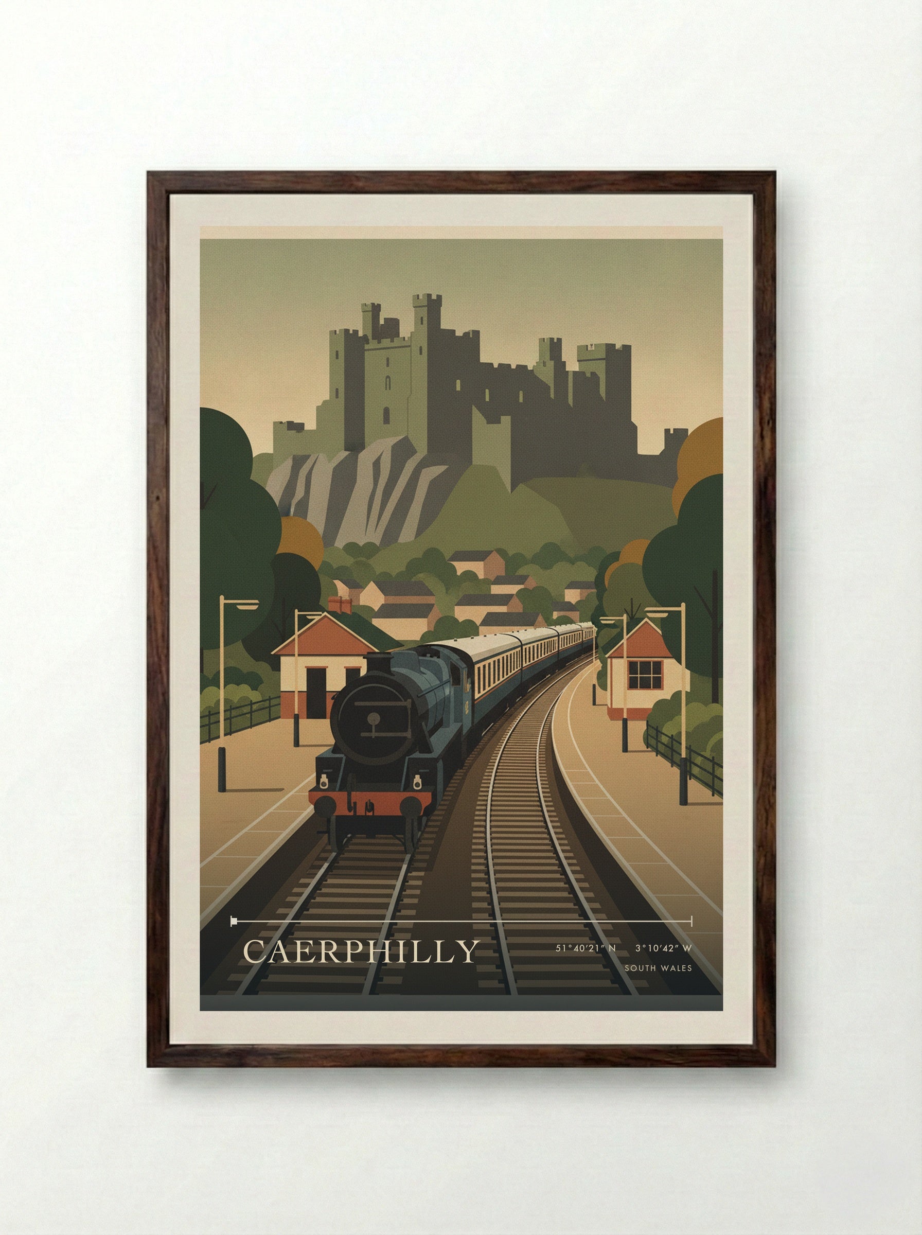 Caerphilly South Wales Wales Travel Poster - Framed Print Dark Wood