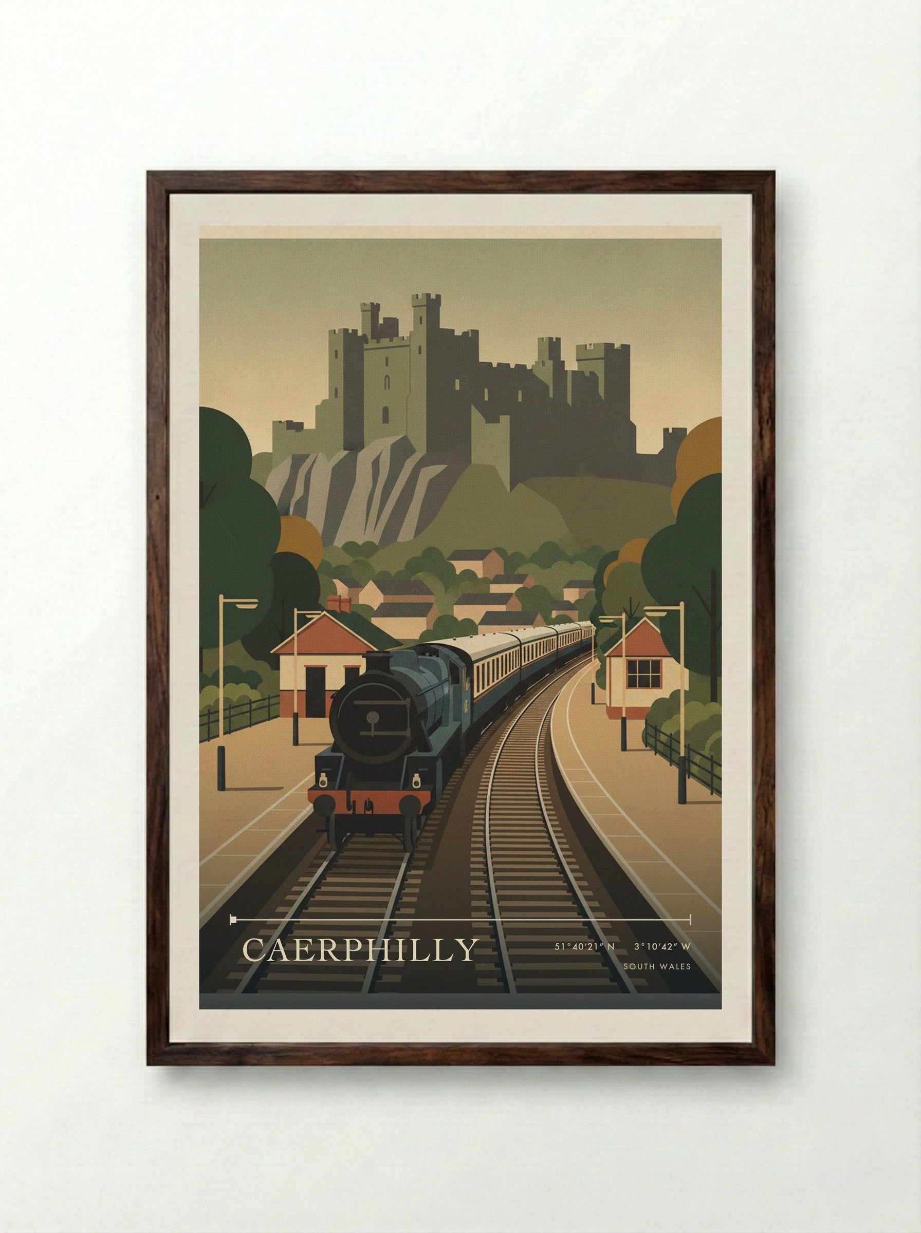 Caerphilly South Wales Wales Travel Poster - Framed Print Dark Wood