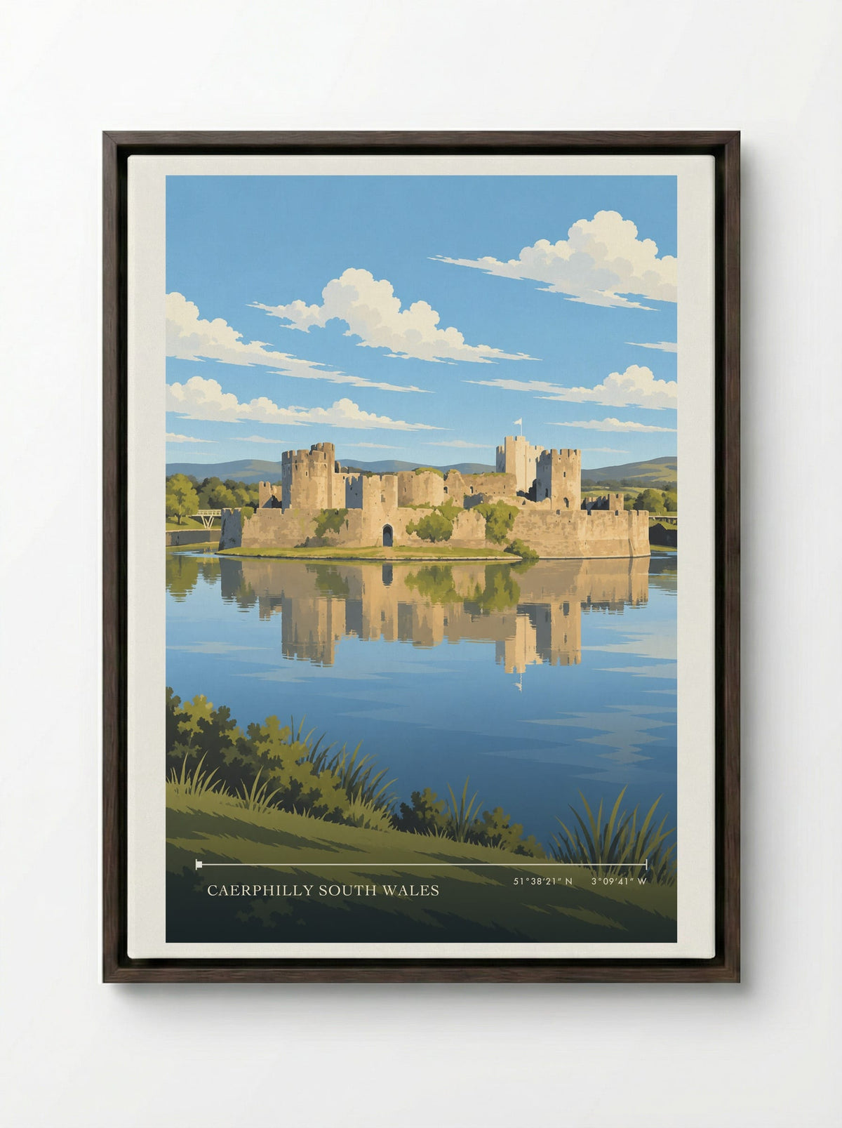 Caerphilly South Wales | Travel Poster - Framed Canvas Dark Wood