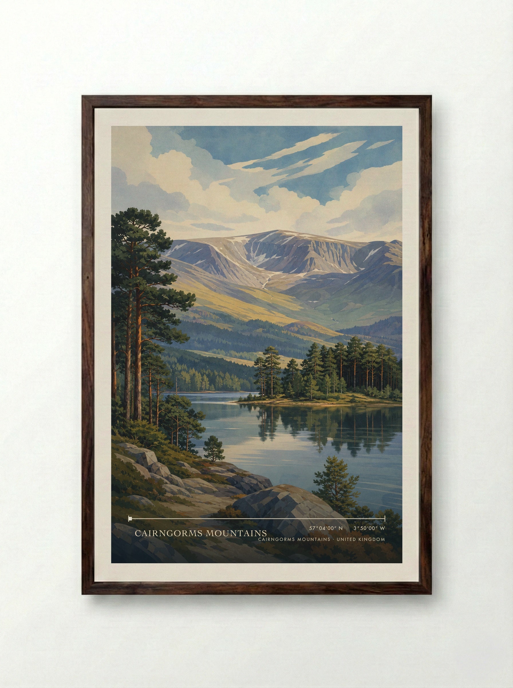 Cairngorms Mountains United Kingdom Travel Poster - Framed Print Dark Wood