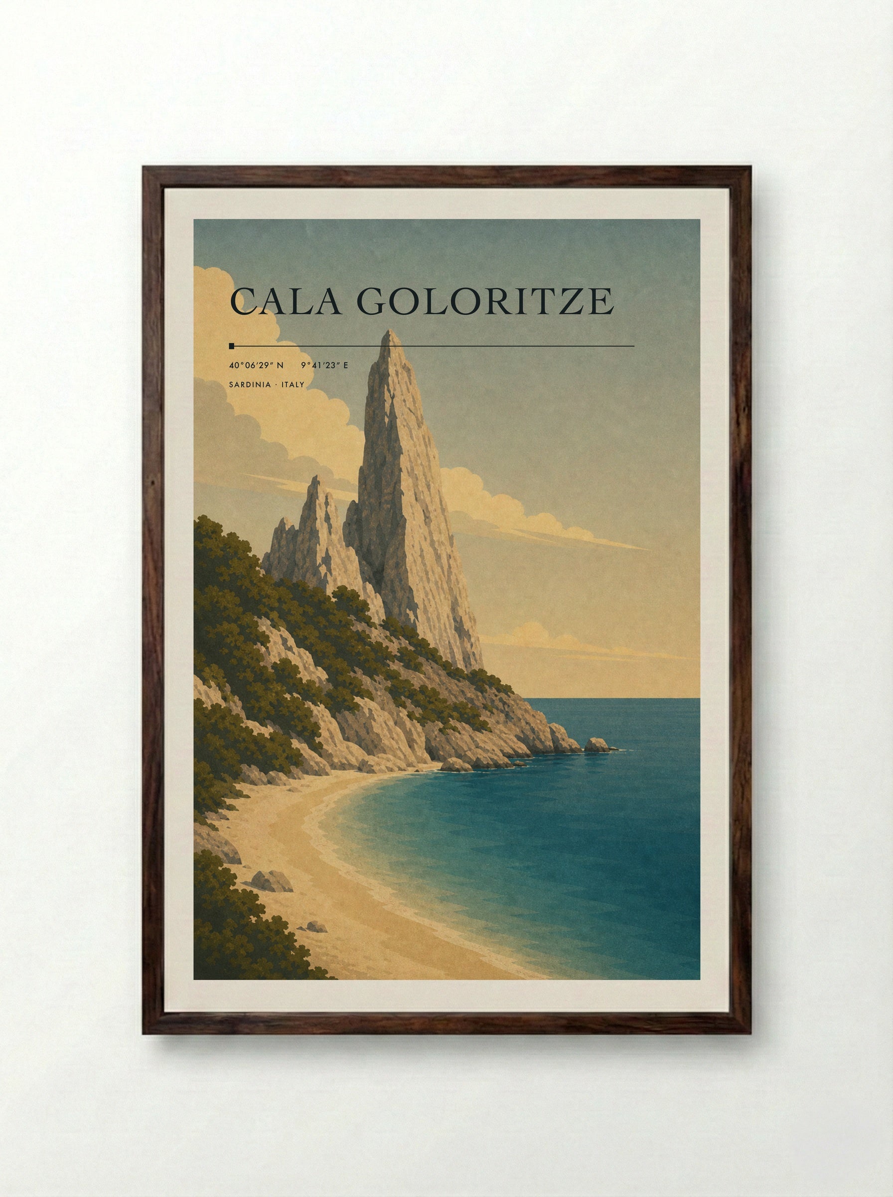 Cala Goloritze Travel Poster Artwork - Framed Print Dark Wood