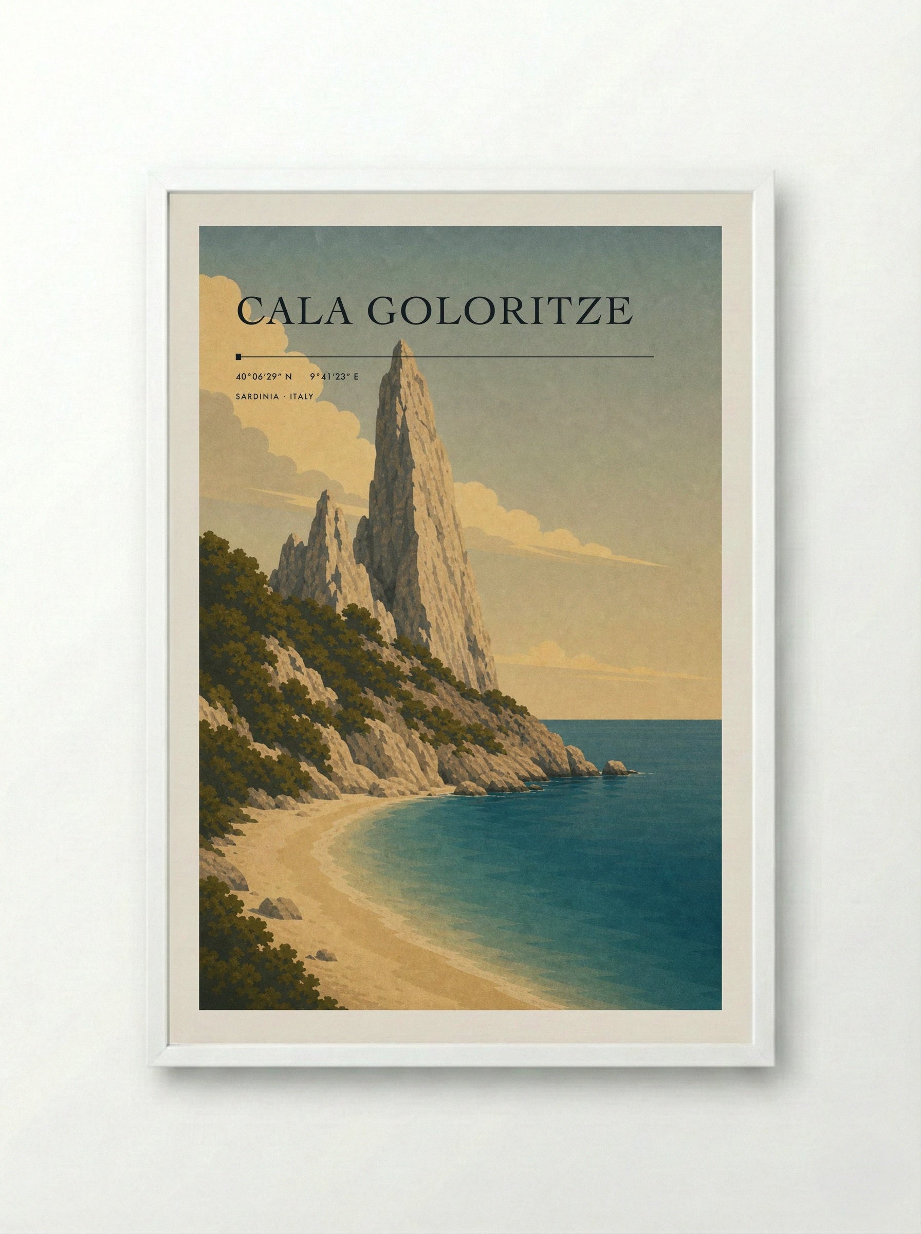 Cala Goloritze Travel Poster Artwork - Framed Print White