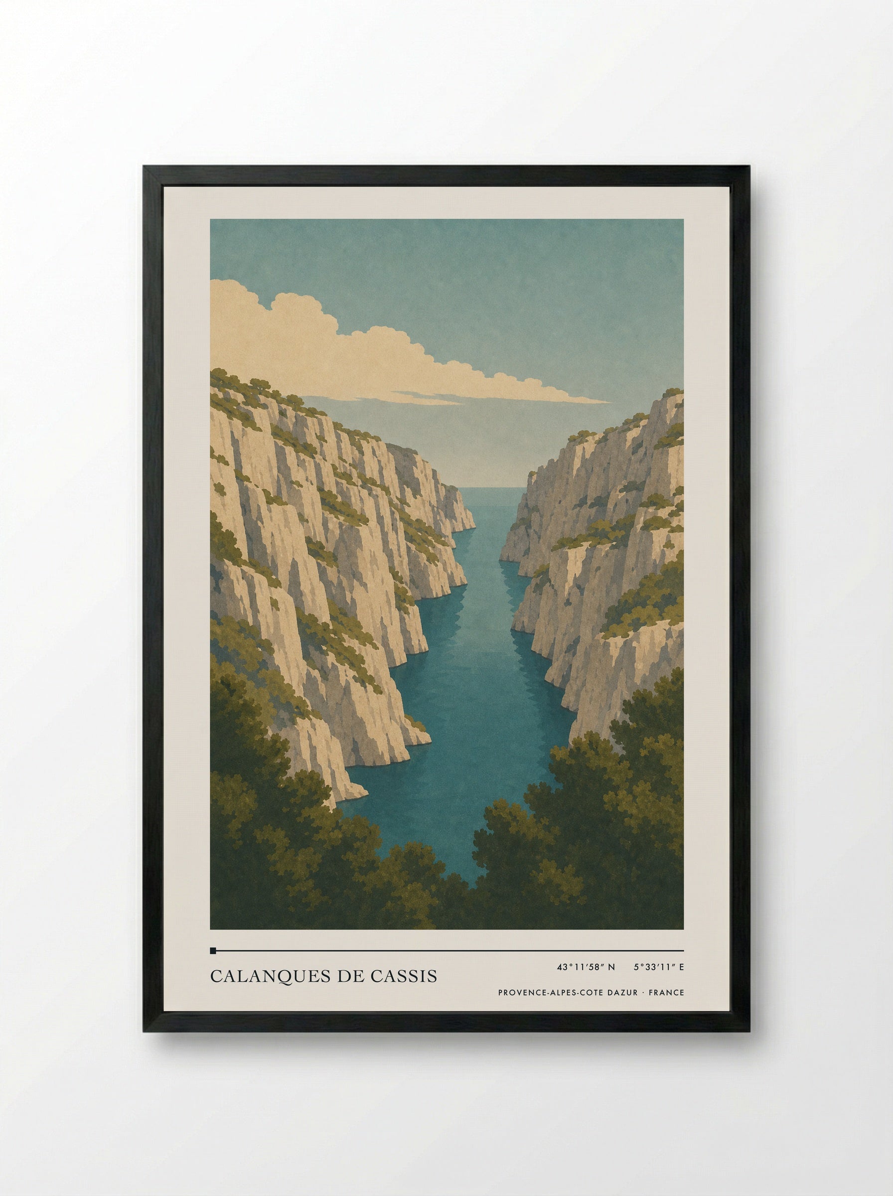 Calanques de Cassis Travel Poster Artwork - Framed Print Black